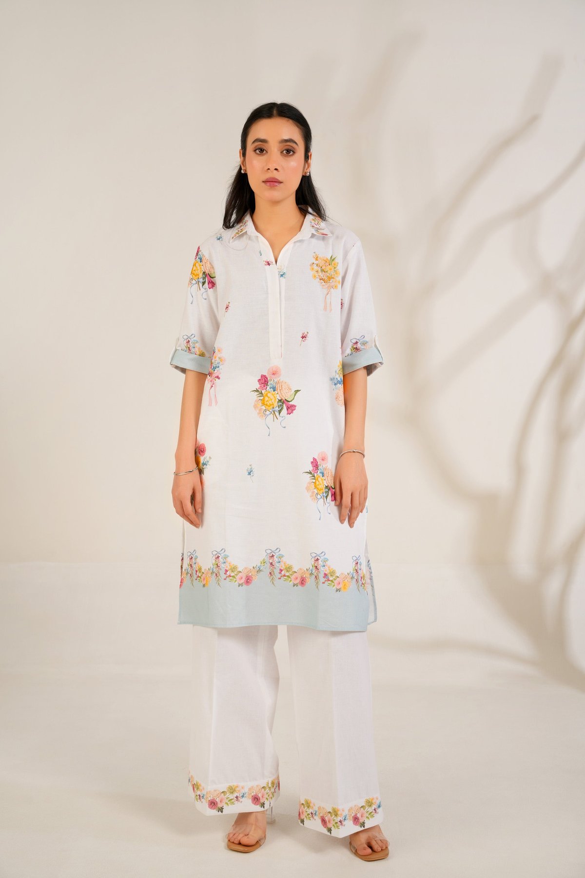 White Floral Straight Kurta Set with Trousers
