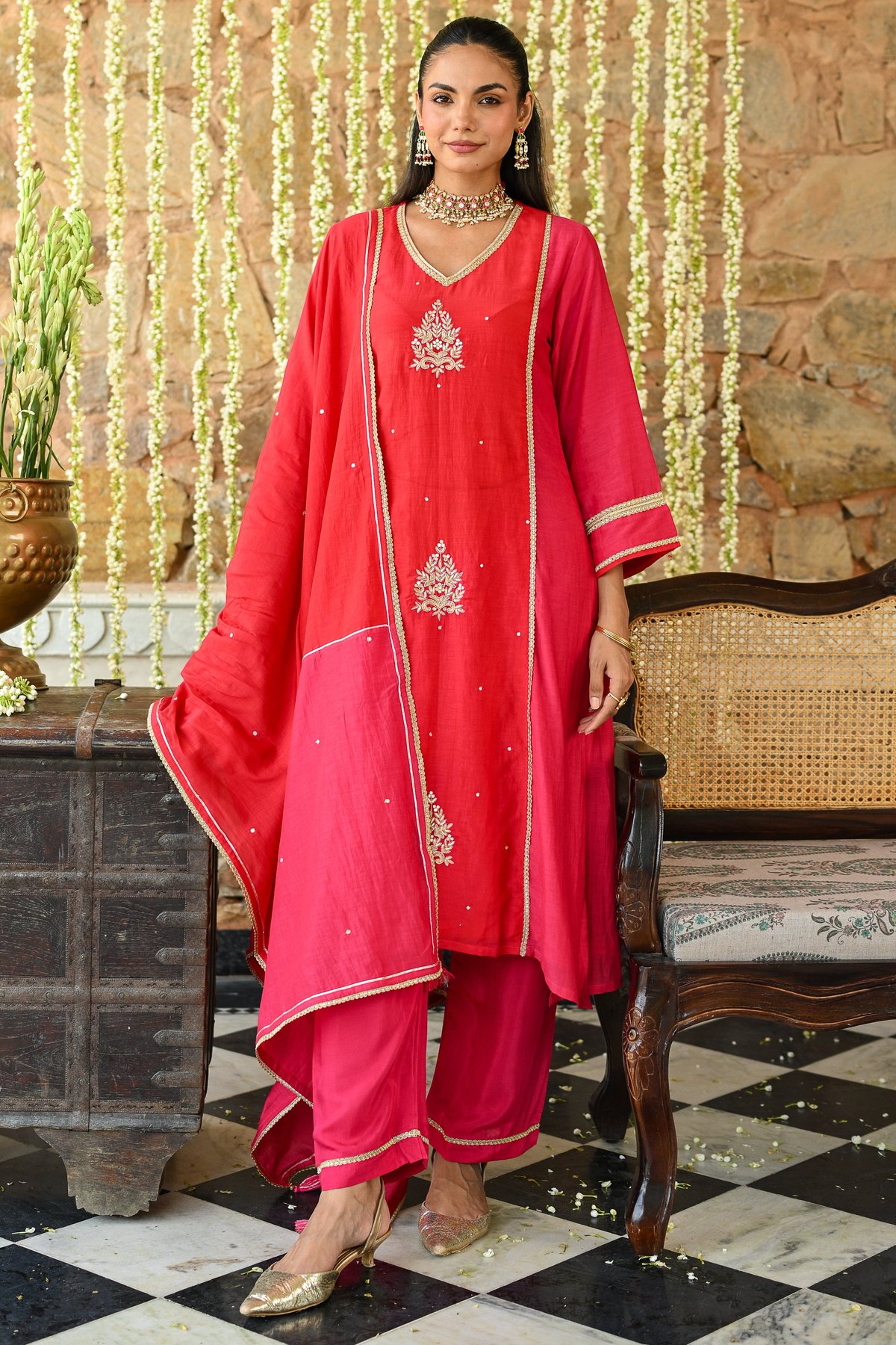Pink and Orange Tyohaar Gota Work Mul Chanderi Suit Set-SET OF-3
