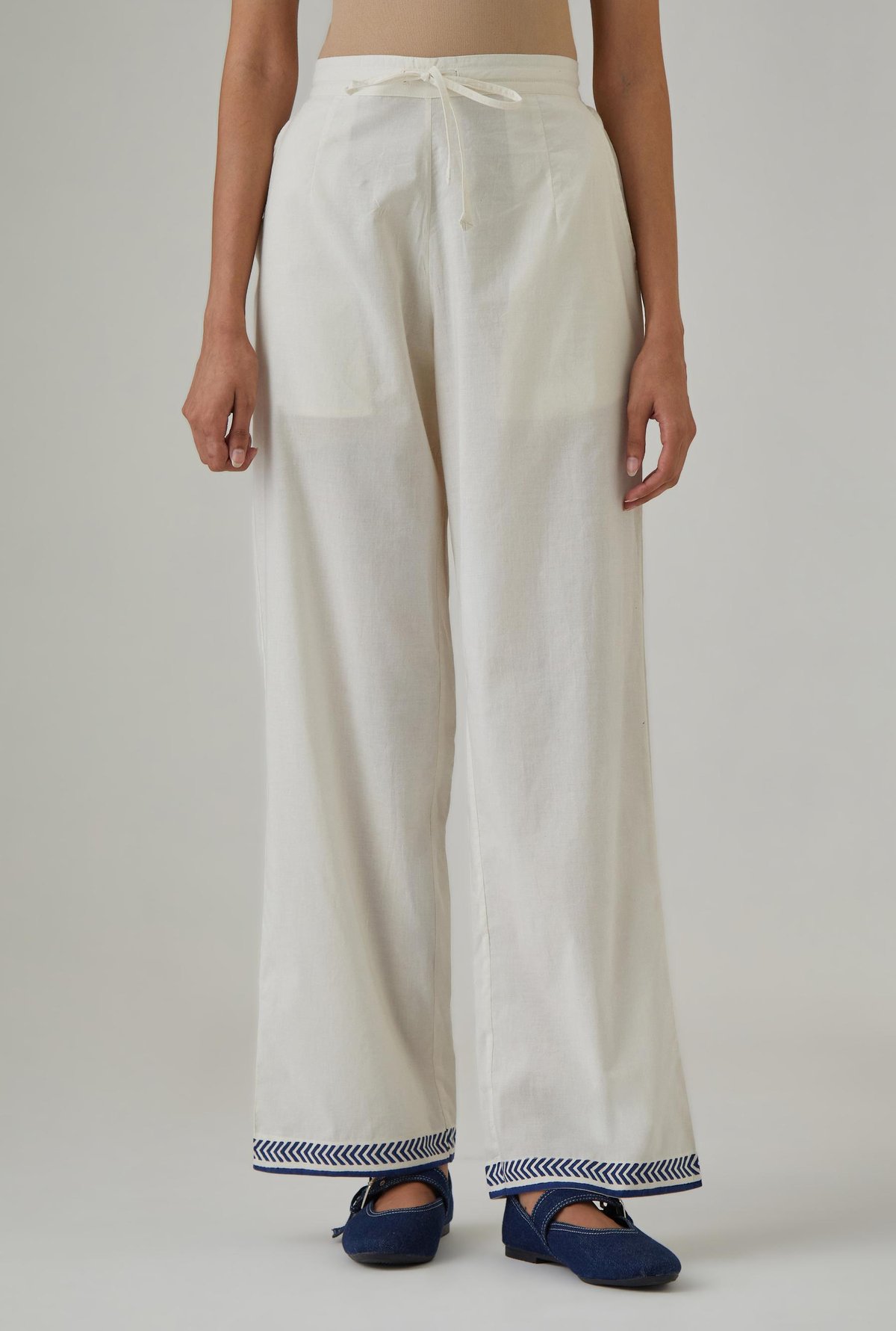 Cotton Straight Pants With Hem Block Print