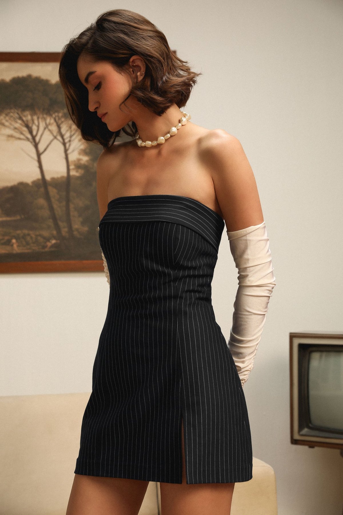 Black Pinstripe Strapless Bodycon Mini Dress with Slit