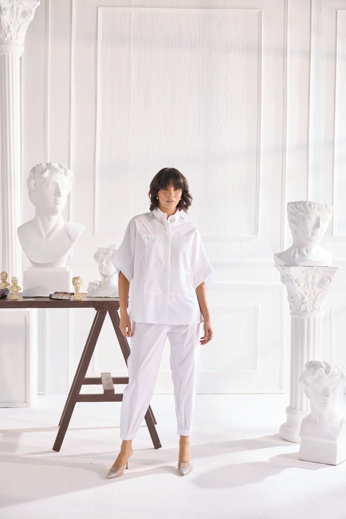 White Poplin Sequin Panel Co-ord Set with Tapered Pants