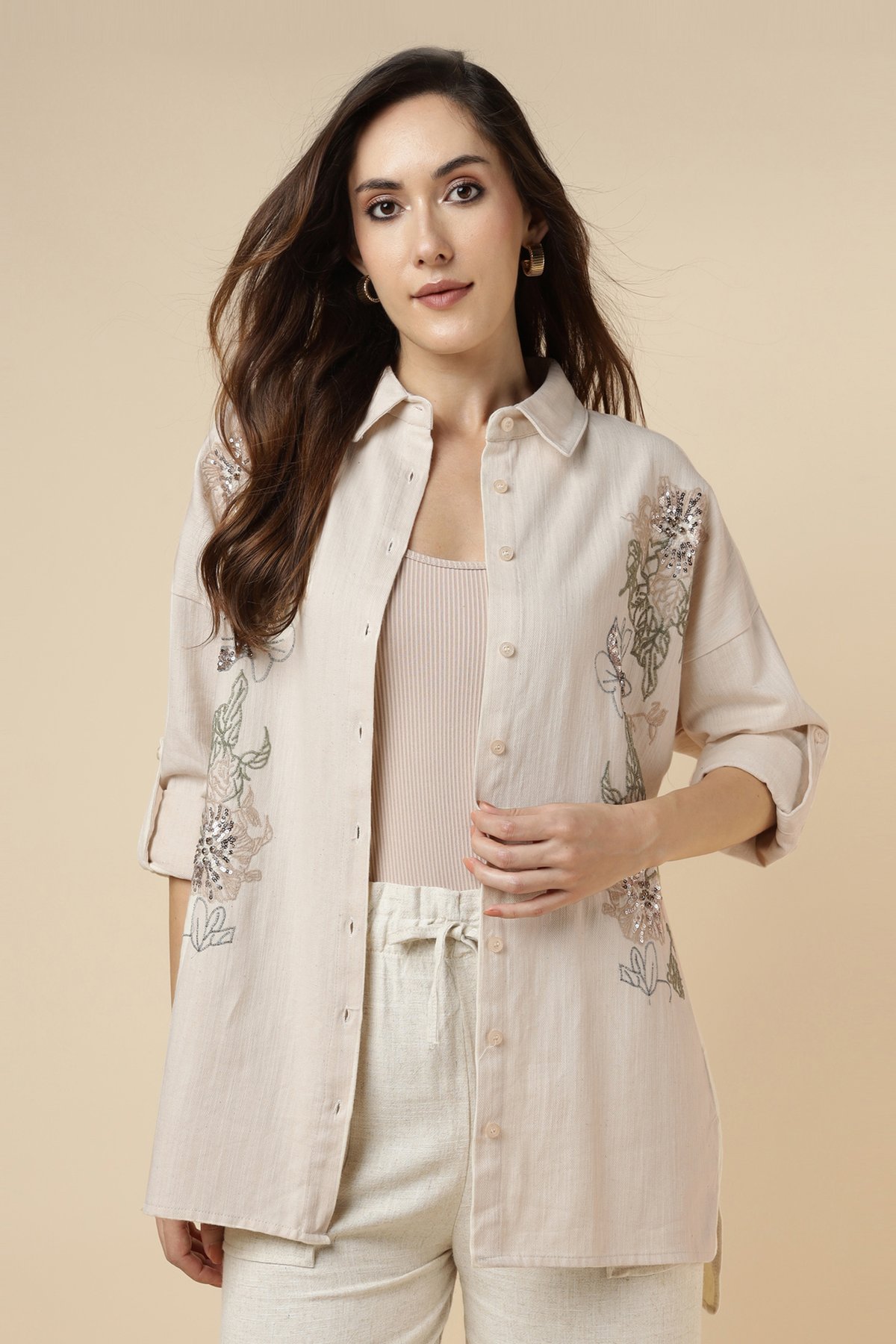 Natural Cotton Longline Embroidered Shirt
