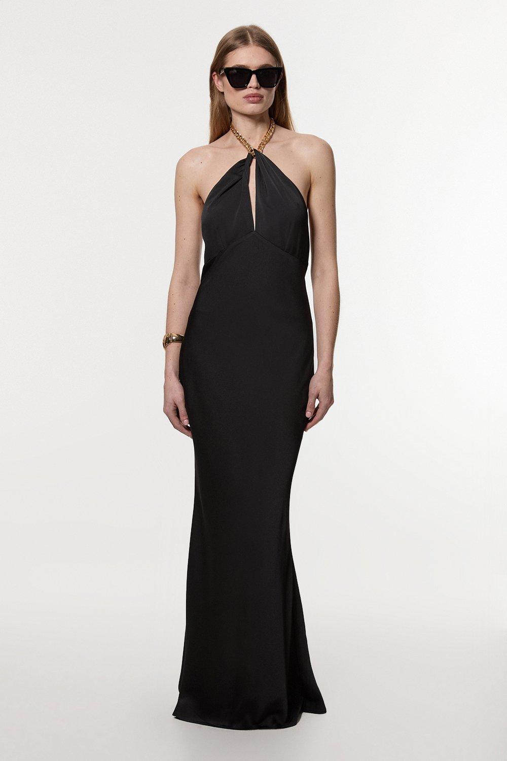 Black Halter Neck Backless Maxi Gown with Chain Detail