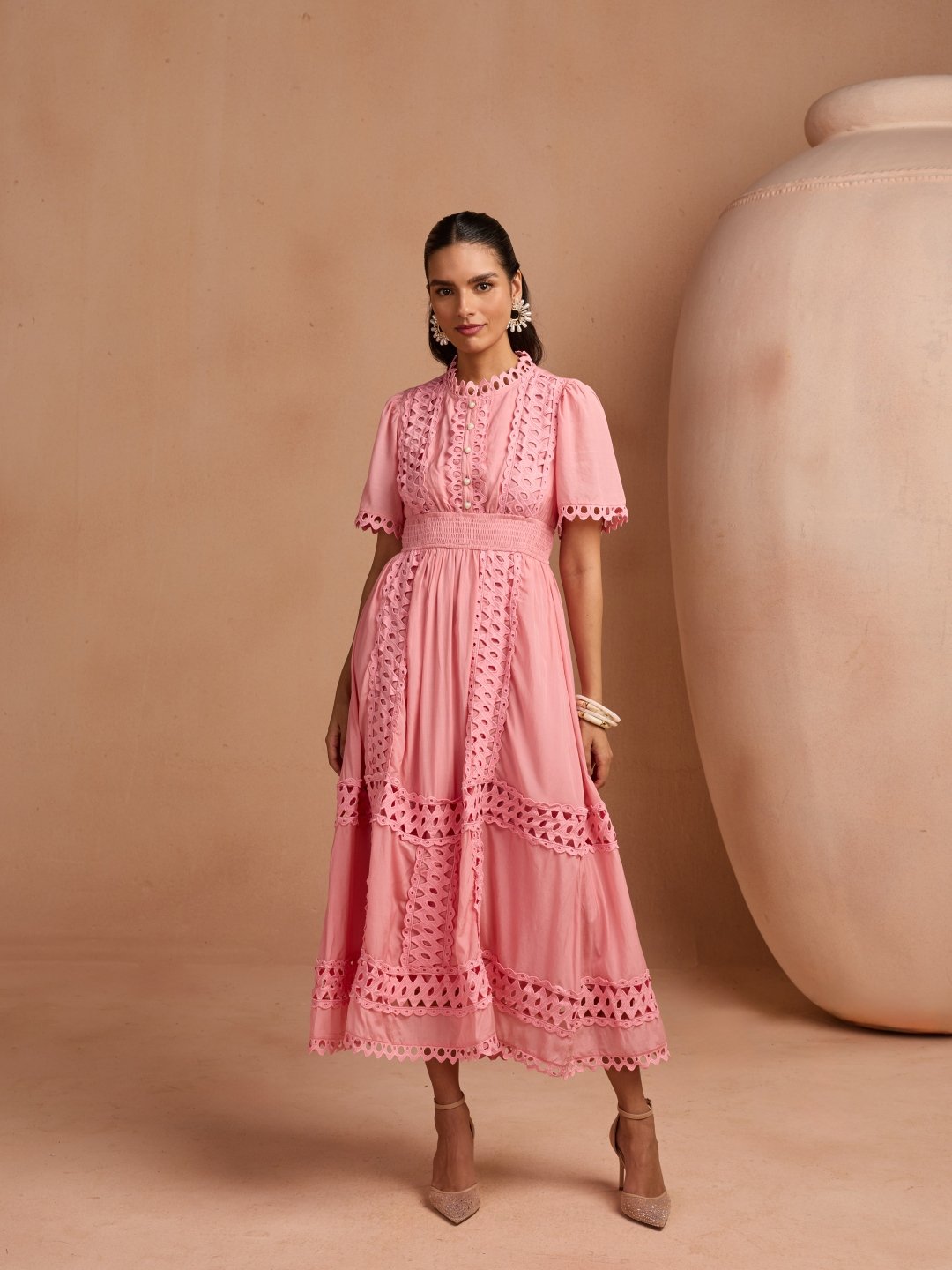 Pink Fit and Flare Cutwork Midi Dress