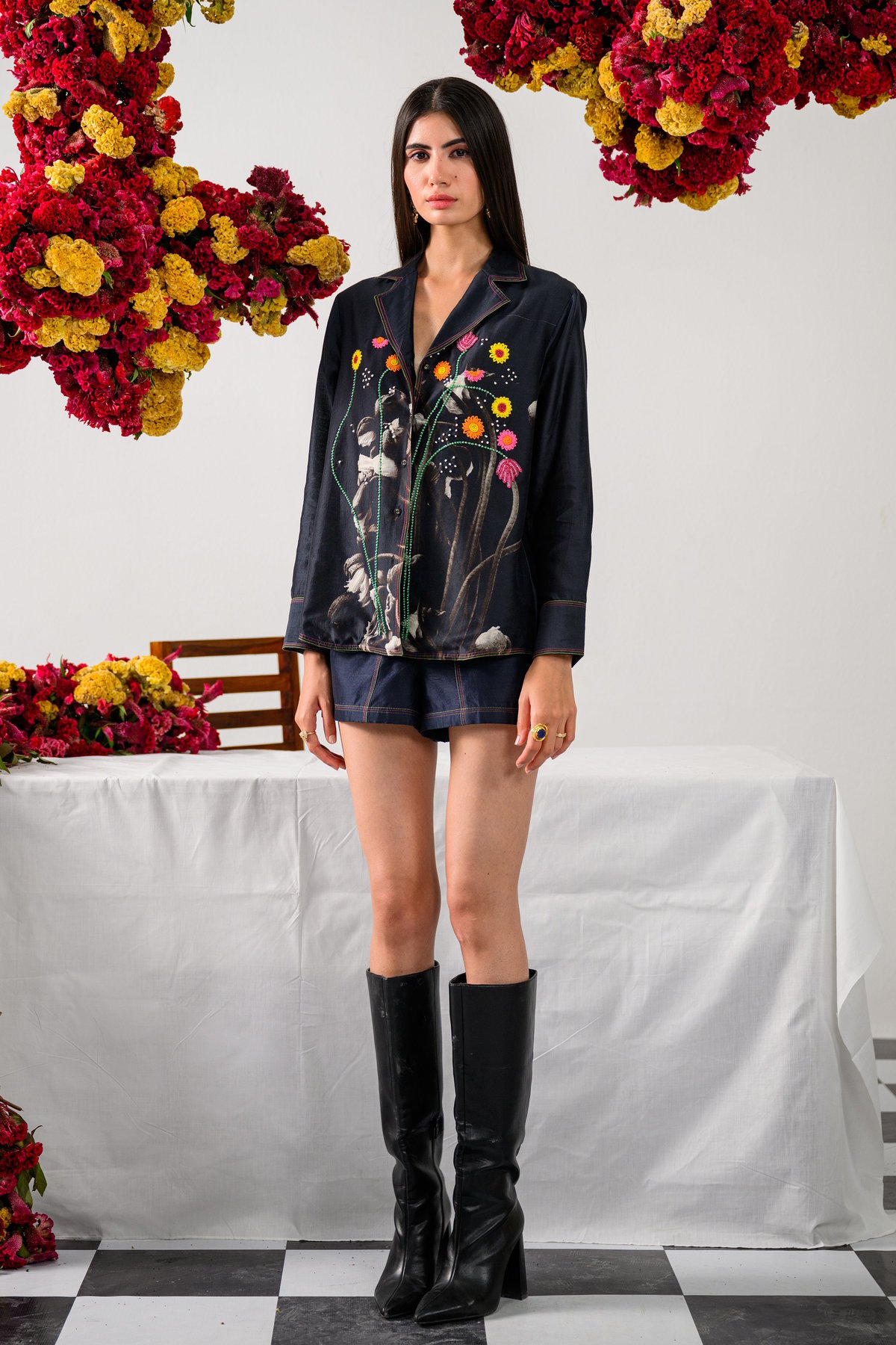 Black Floral Printed Embroidered Shirt and Shorts Co-ord Set