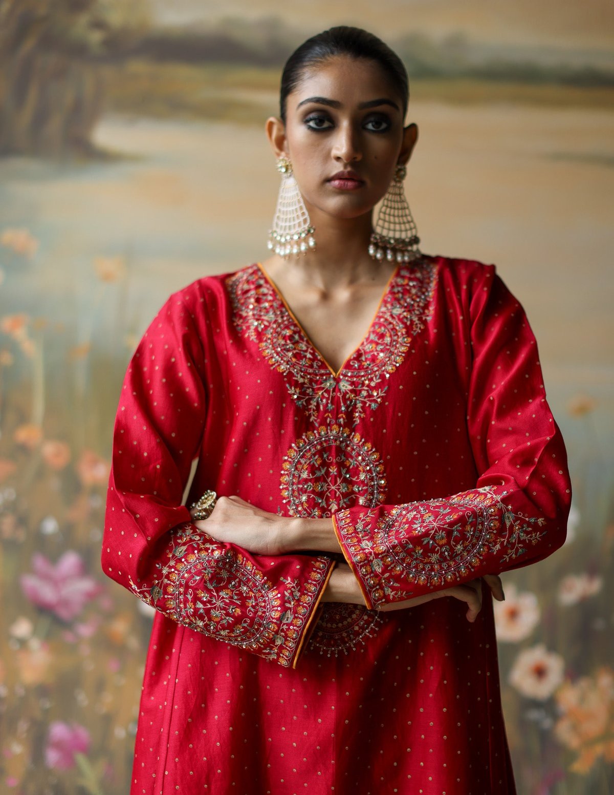 Scarlet Silk Chanderi Embroidered Kurta Set with Dupatta