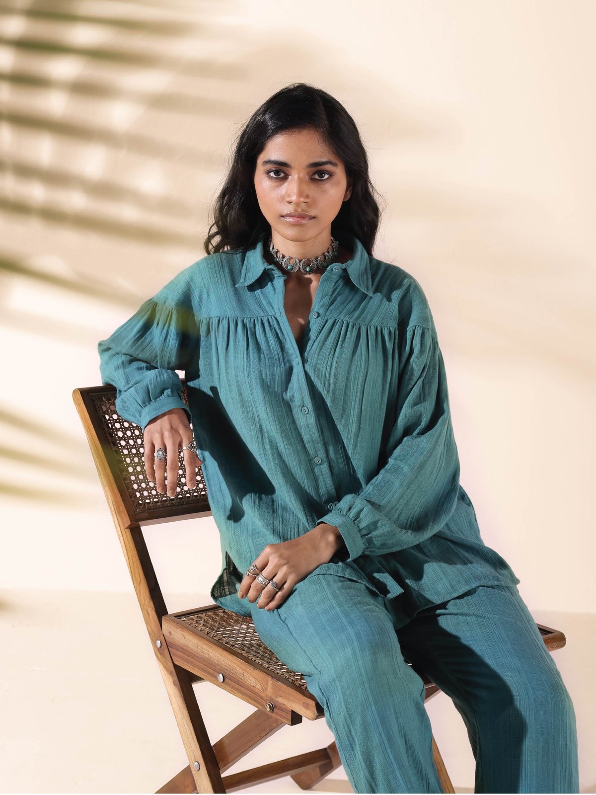 Turquoise Cotton Dobby Shirt Co-ord Set