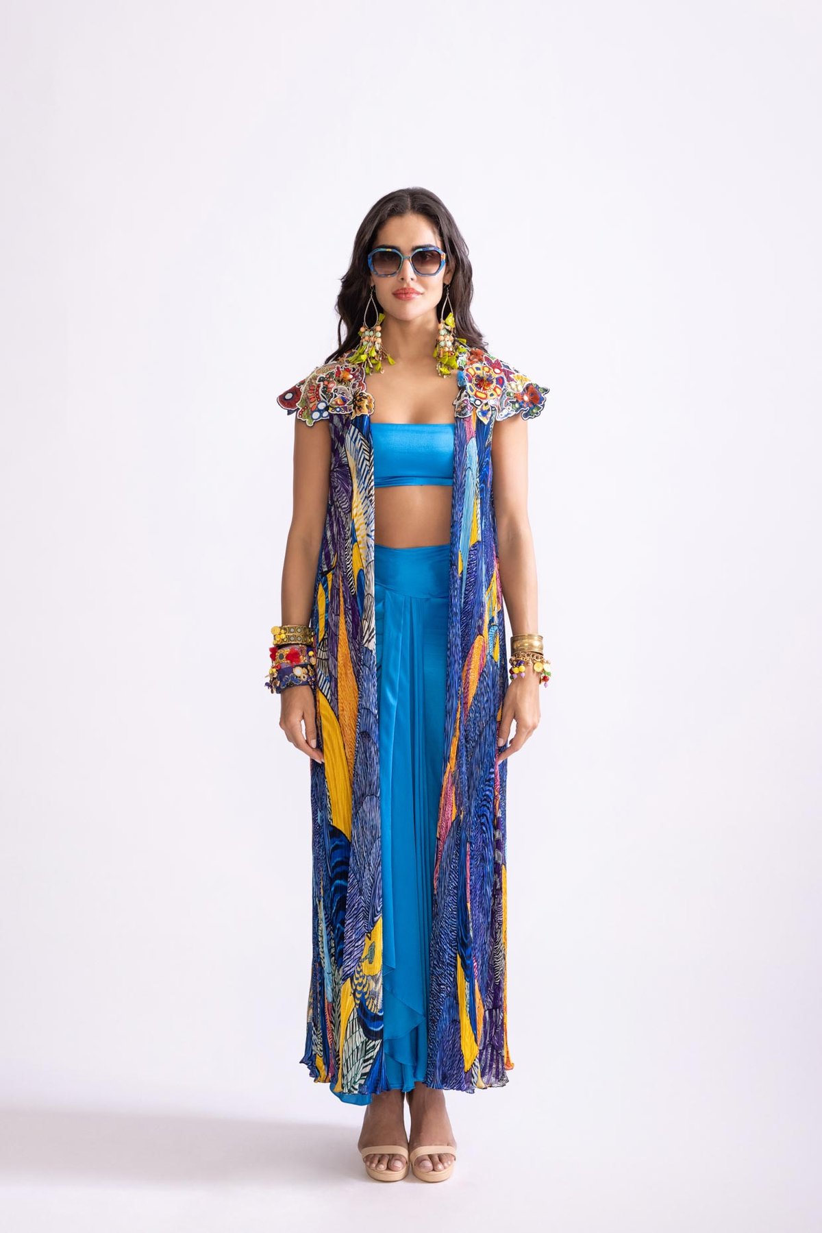 Blue Satin High-Waist Drape Maxi Skirt With Slit