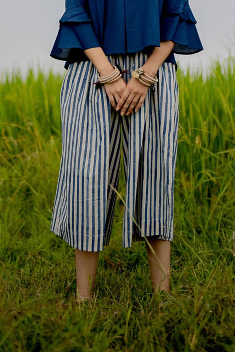 Indigo Striped Cotton Culottes with Elasticated Waist