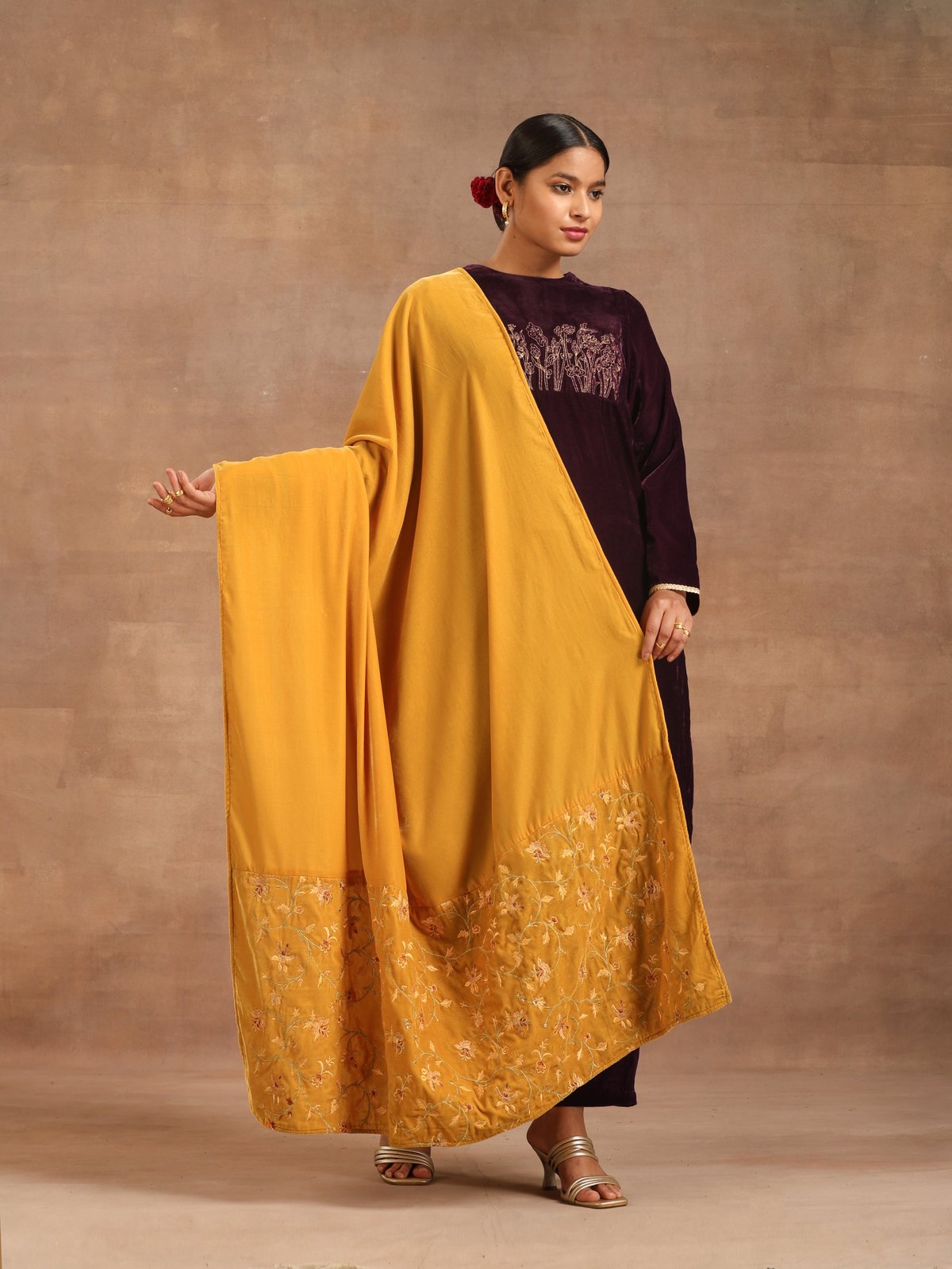 Mustard Velvet Embroidered Shawl