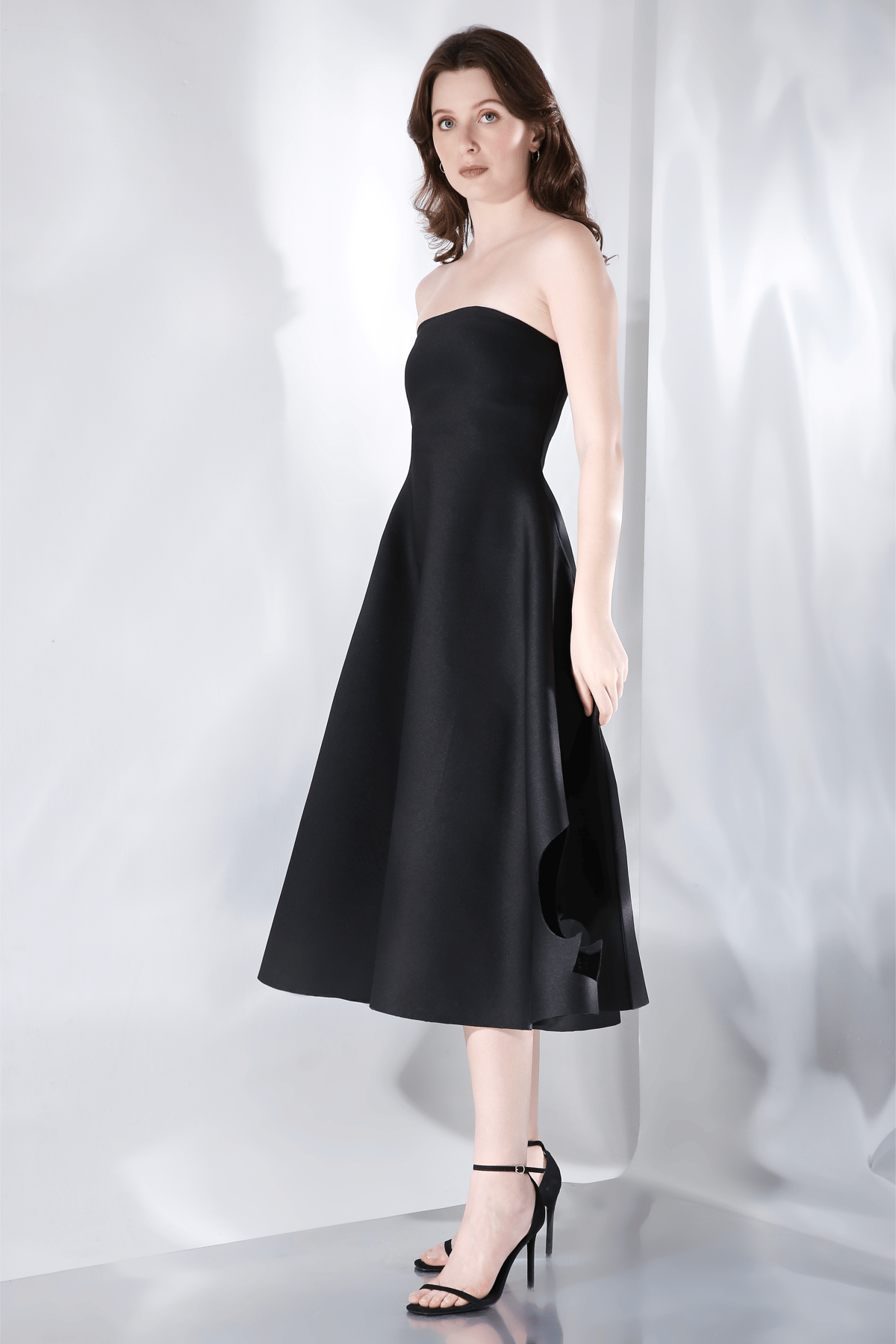 Black Strapless Fit and Flare Midi Dress with Cut-Out Hem