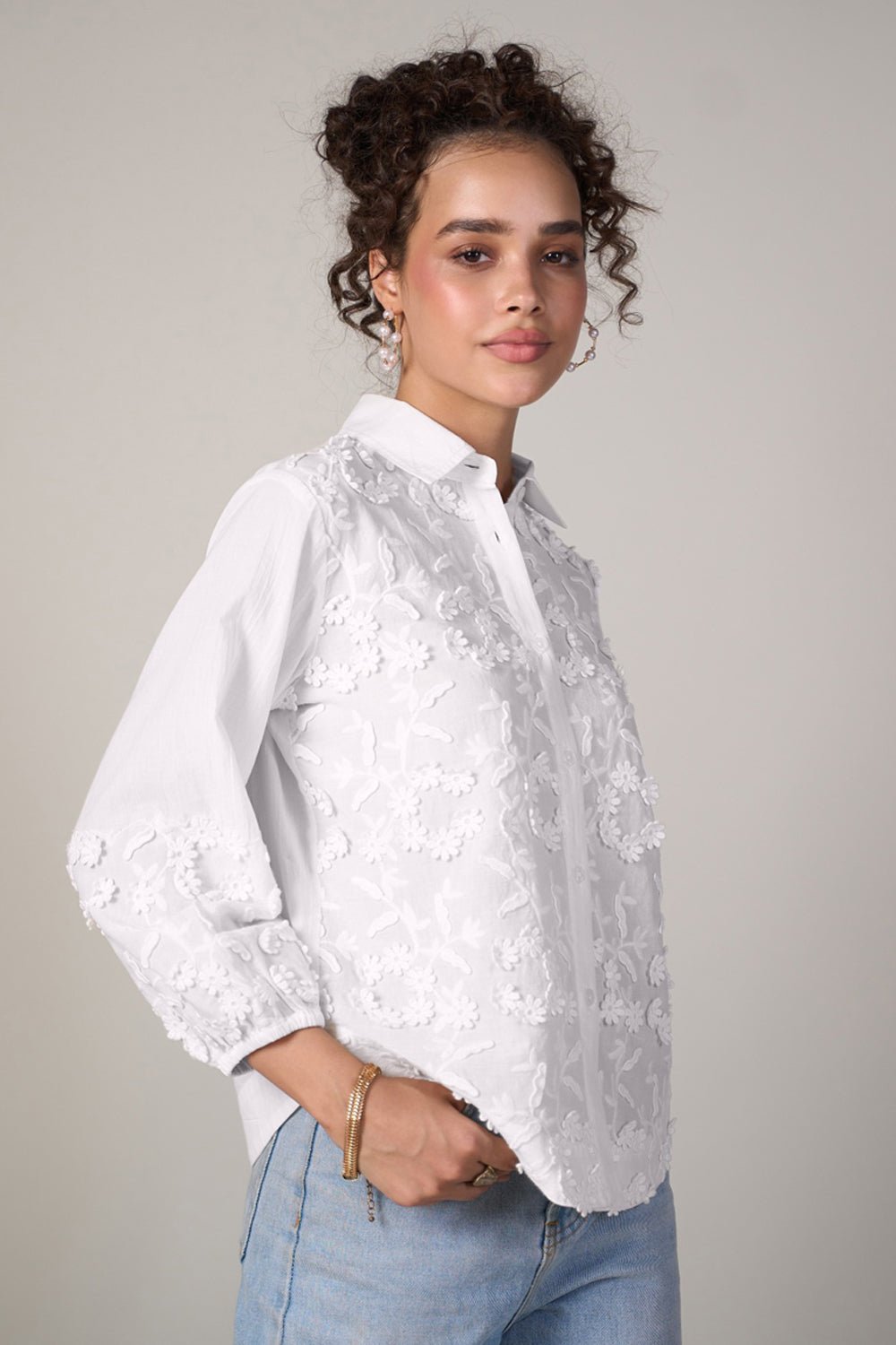 White Cotton Shirt with Tonal 3D Floral Embroidery