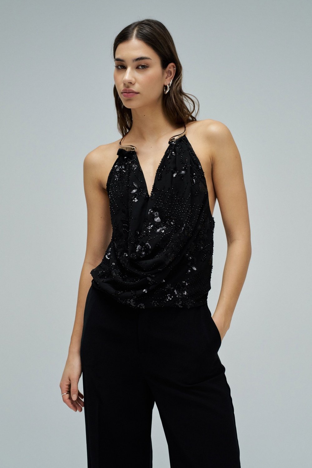 Black Sequin Halter Top with Metallic Neck Detail