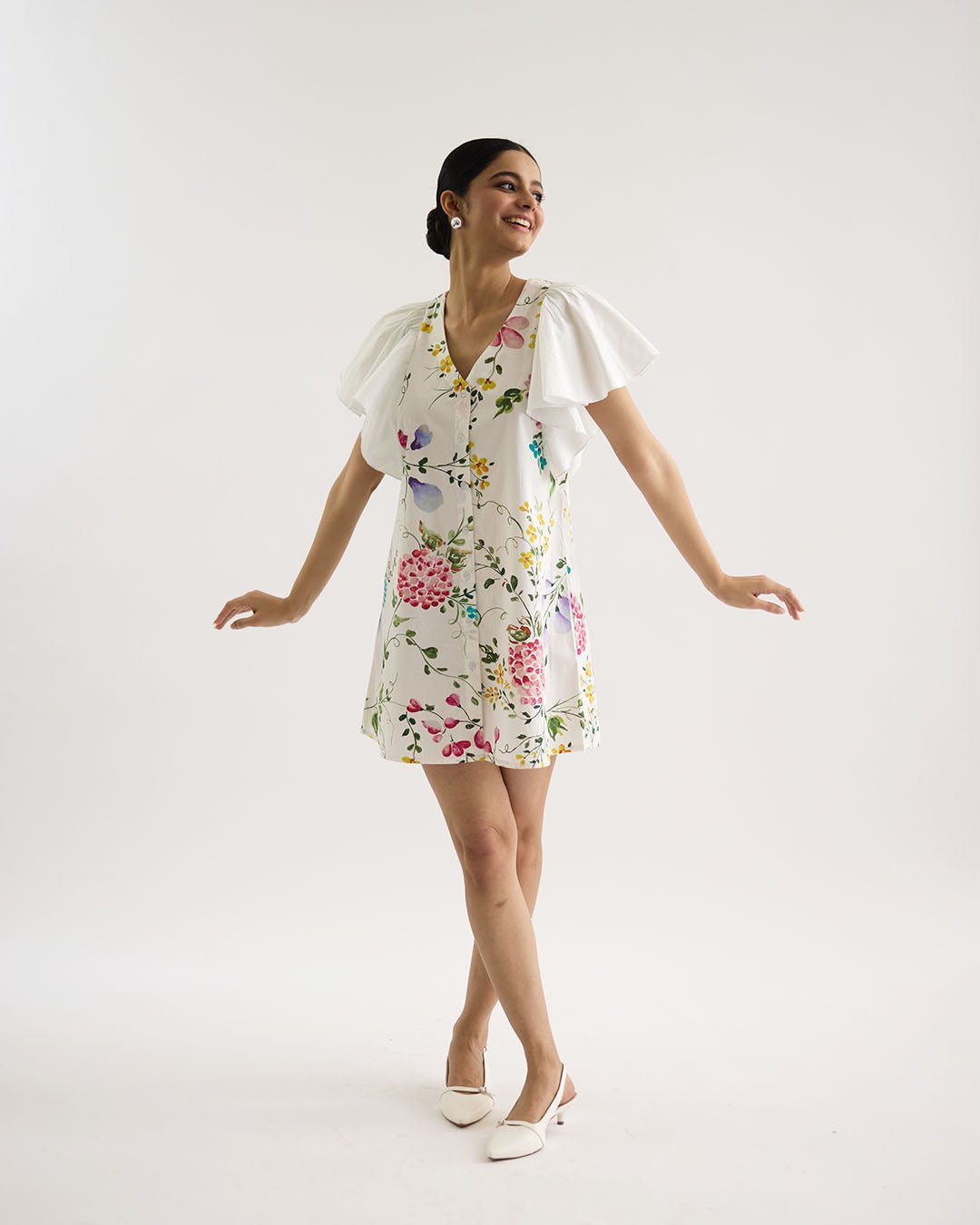 White Floral Printed Mini Dress with Flutter Sleeves