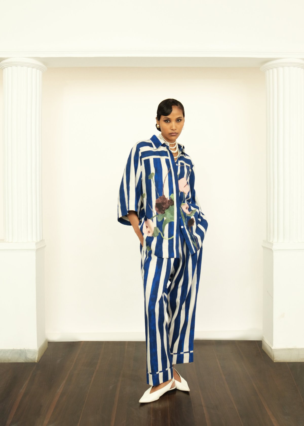 Blue and White Striped Relaxed Tapered Drawstring Pants
