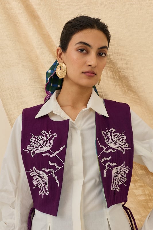 Deep Purple Embroidered Cropped Bib Waistcoat