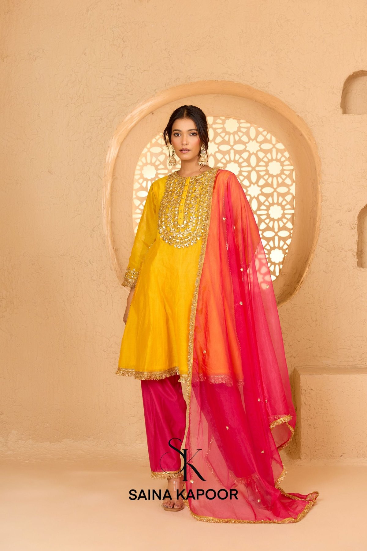 Yellow Cotton Chanderi Short Anarkali