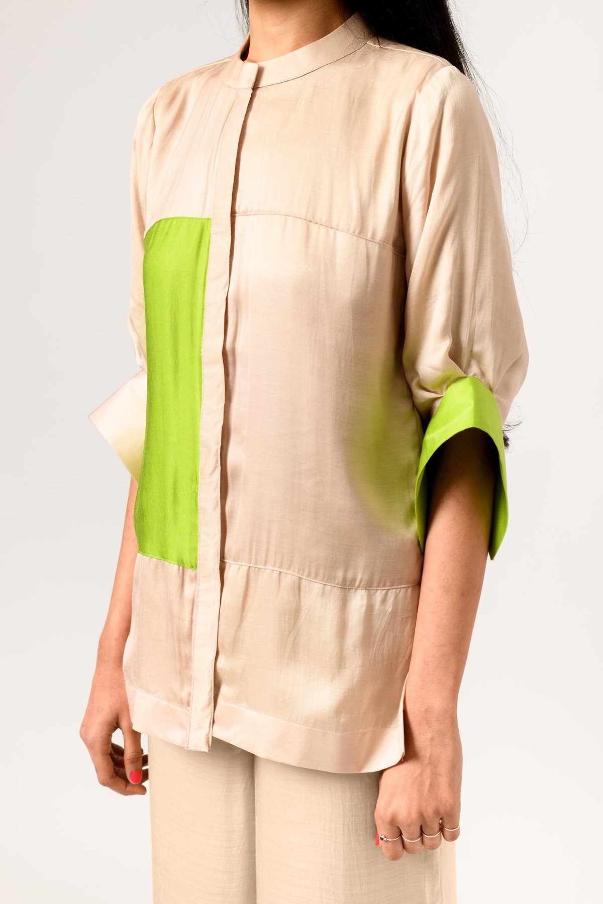 Ecru-Green Colorblock Shirt and Wide-Leg Co-ord Set