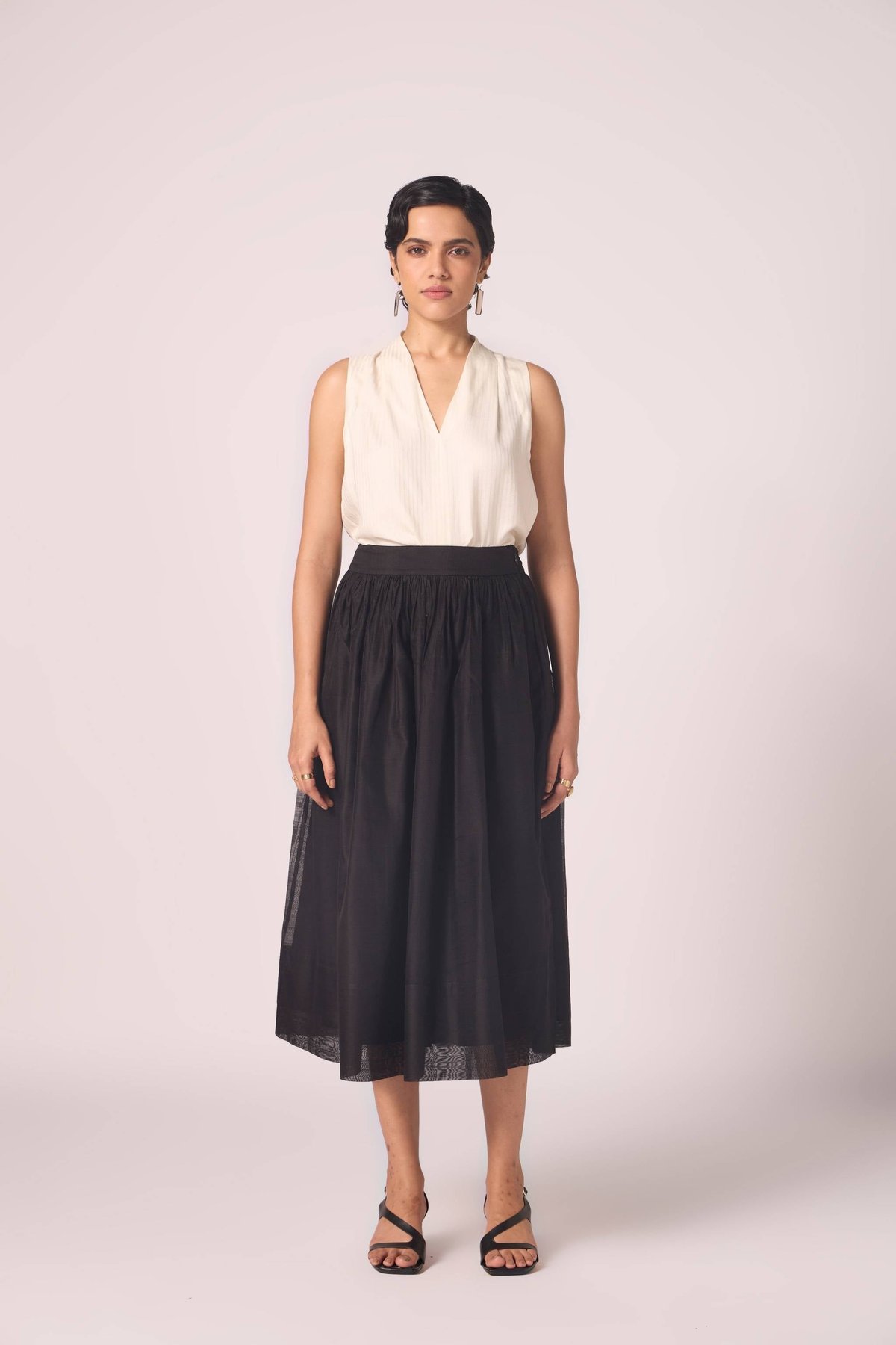 Black Handwoven Chanderi Gathered Midi Skirt