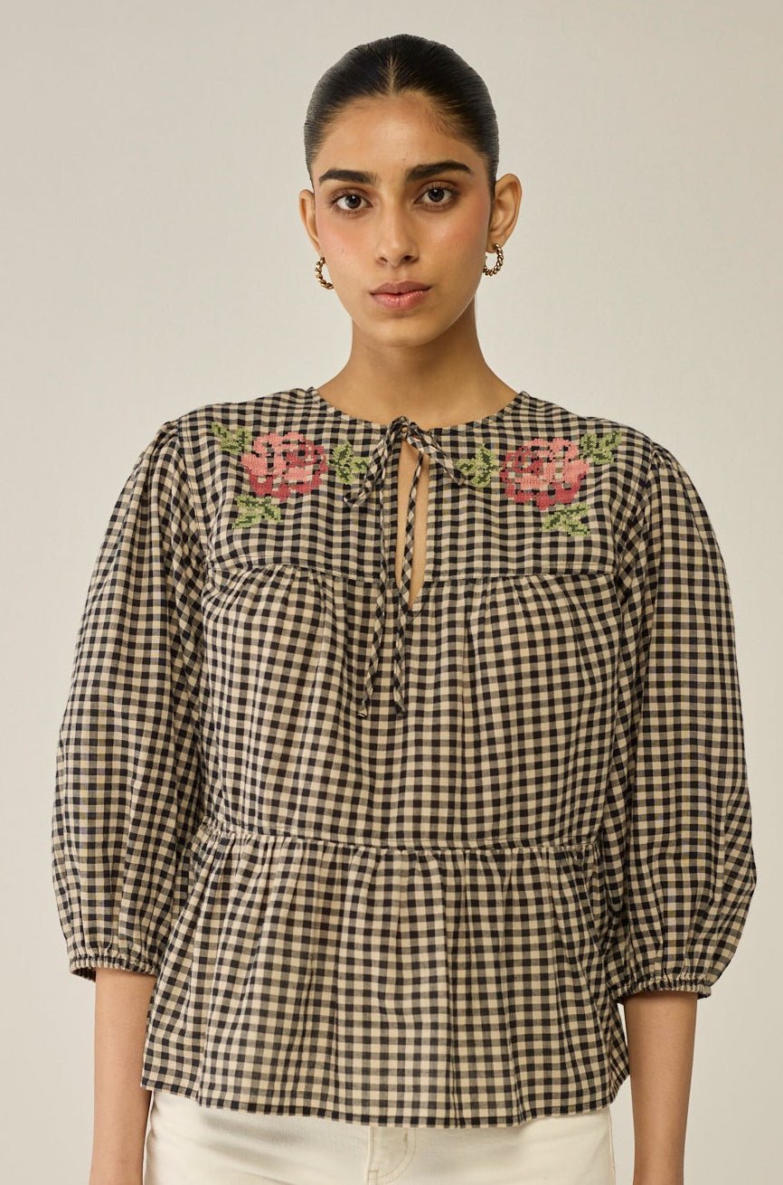 Checkered Tie-up Blouse