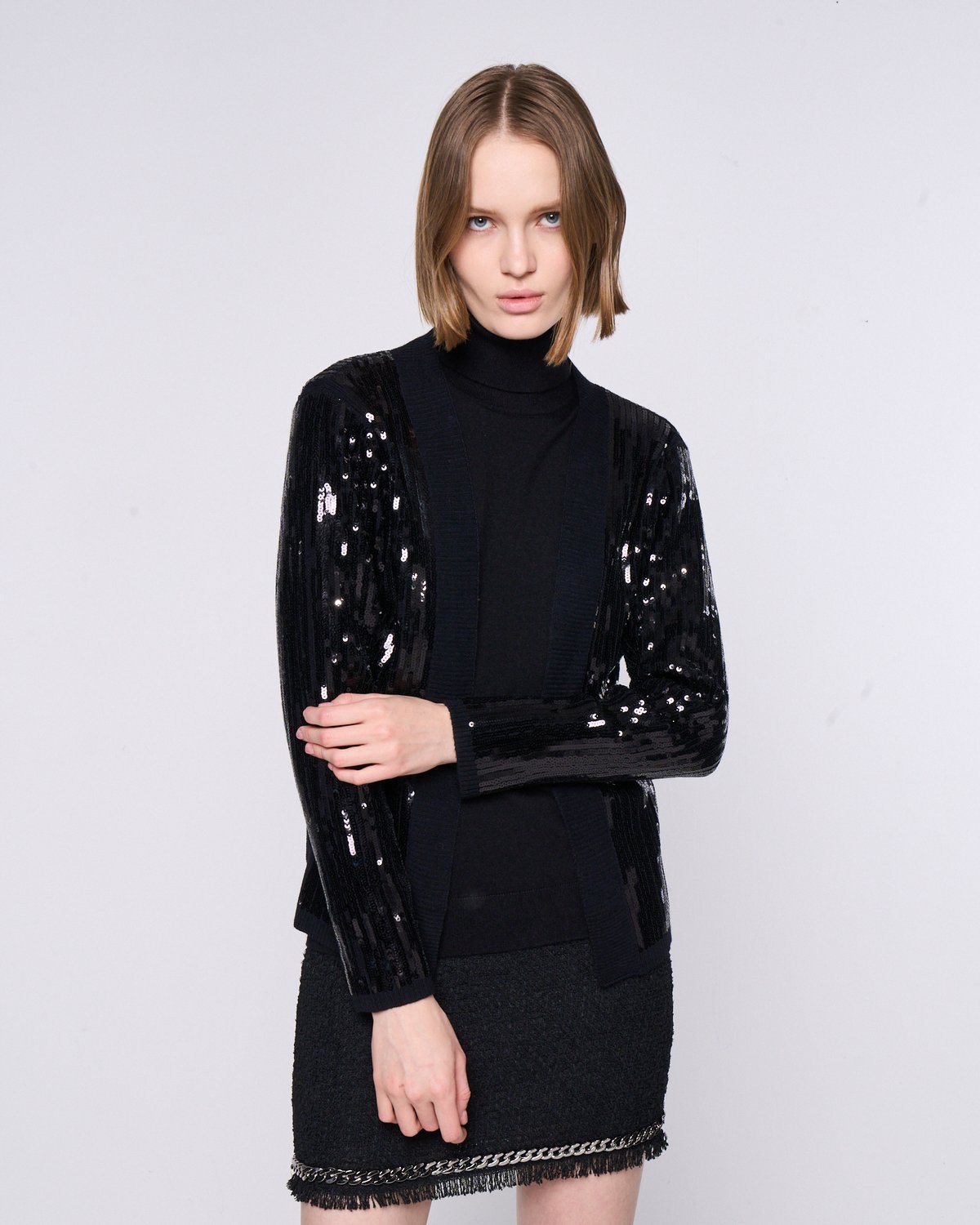Black Sequin Turtleneck Cardigan