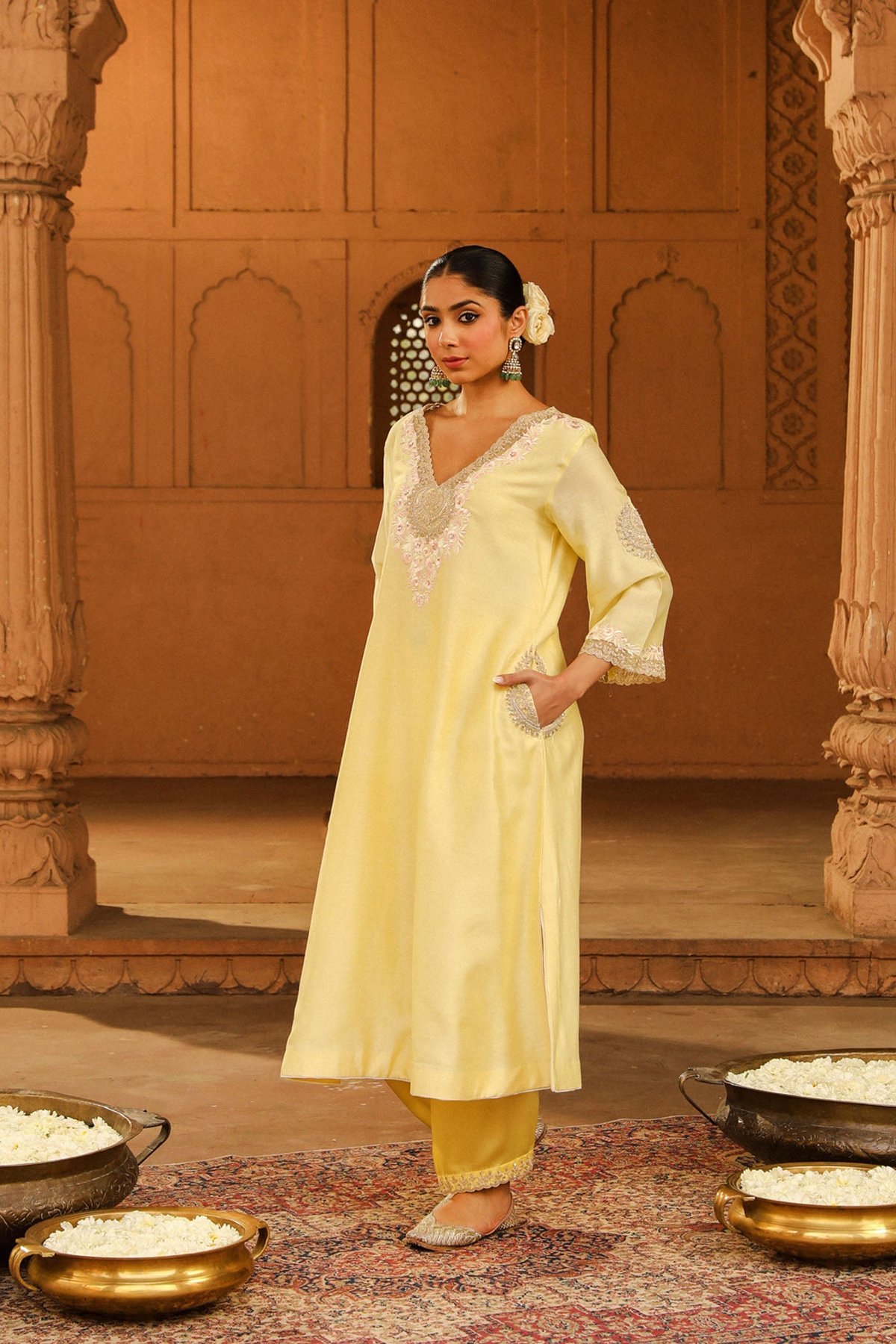 Lemon Yellow Embroidered Chanderi Silk Kurta Set