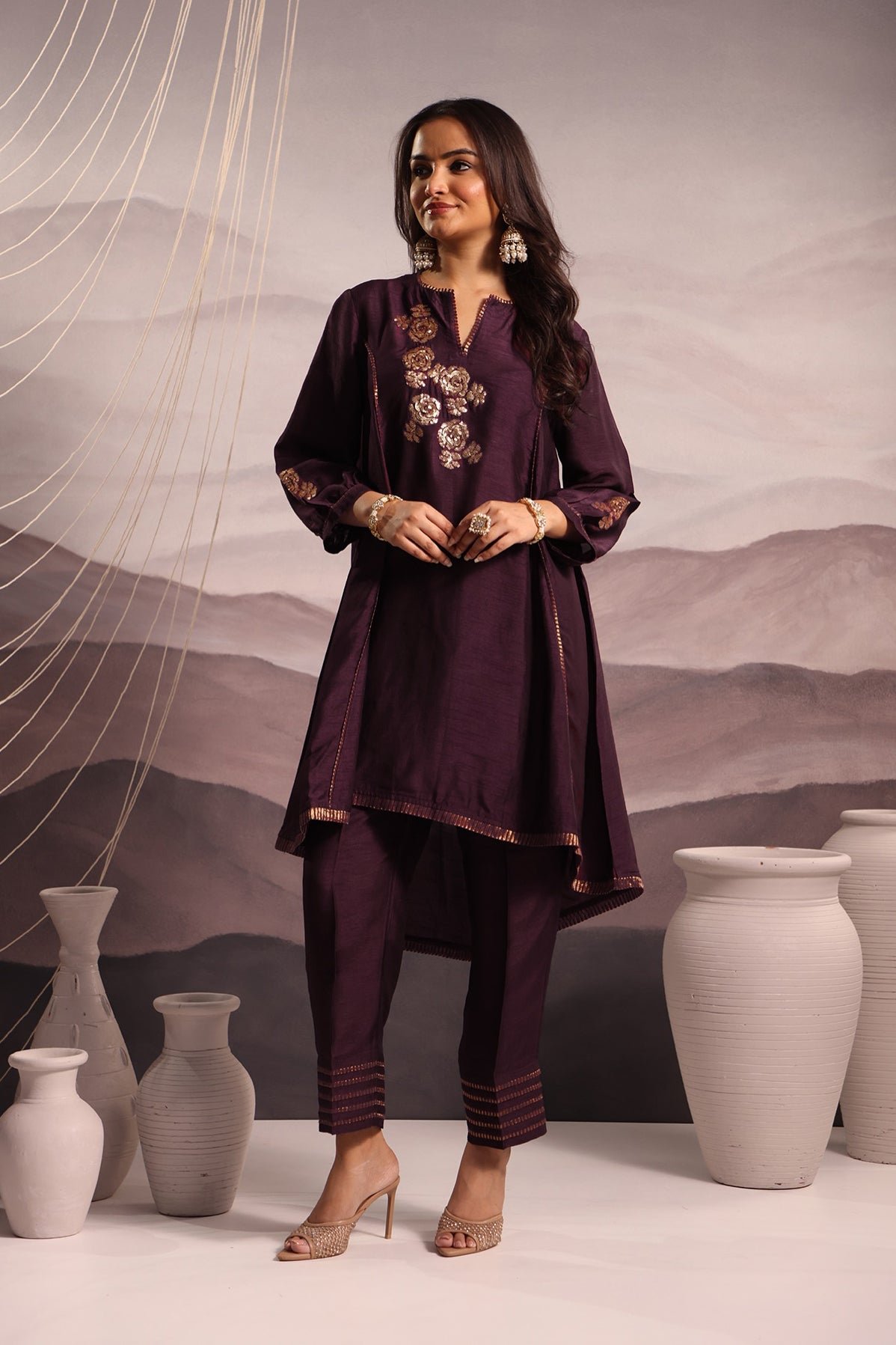 Flared High Low Silk Kurta Set