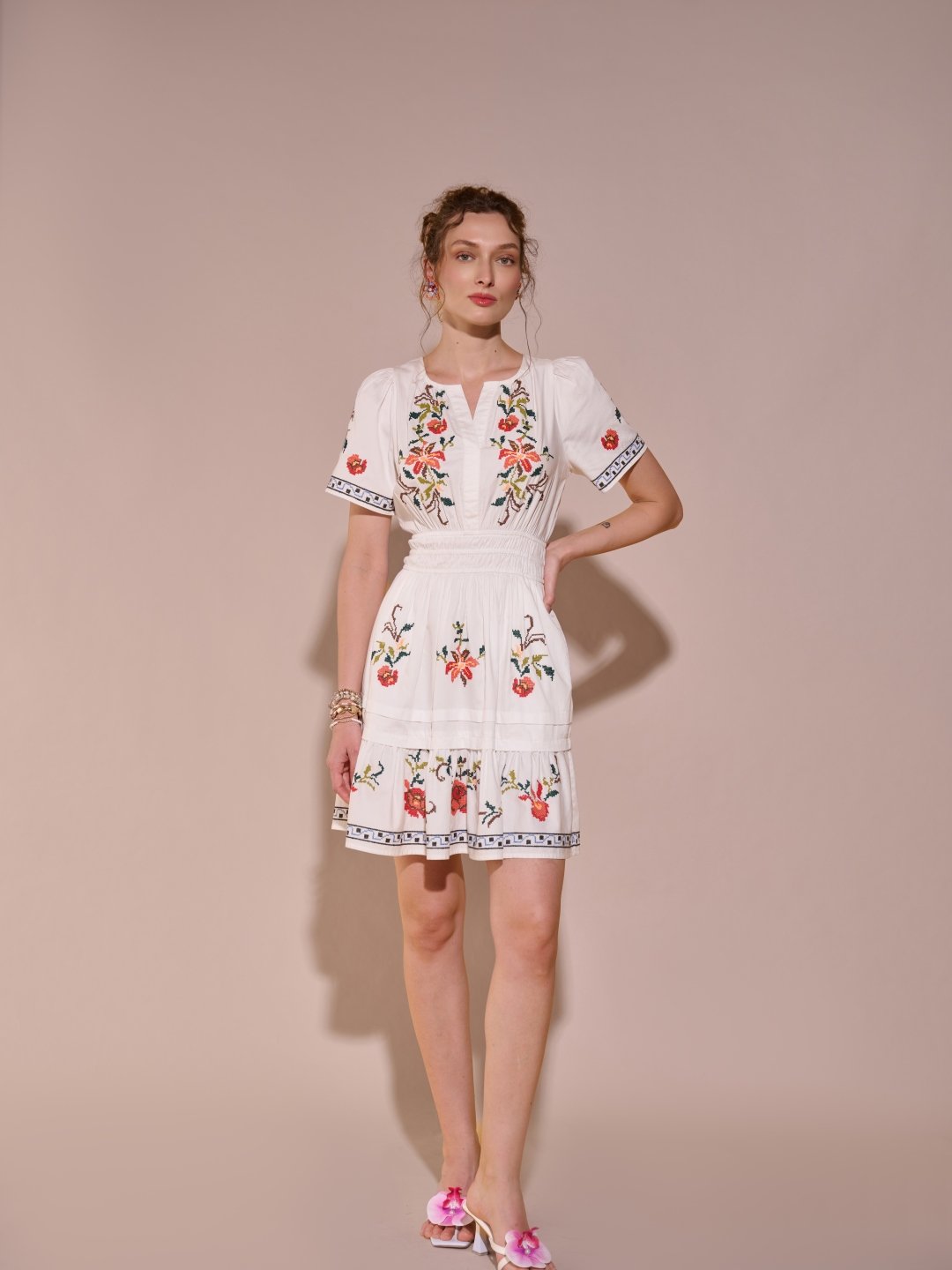 White Cotton Floral Embroidered Tiered Knee-Length Dress