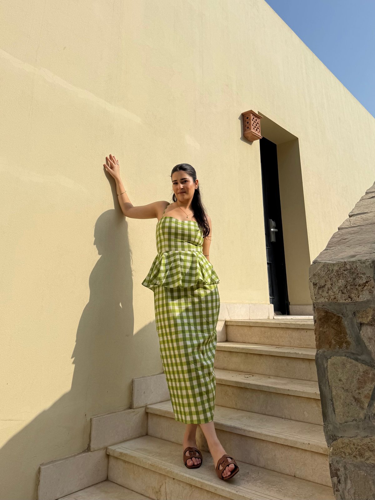 Pistachio Plaid Corset Peplum Midi Dress