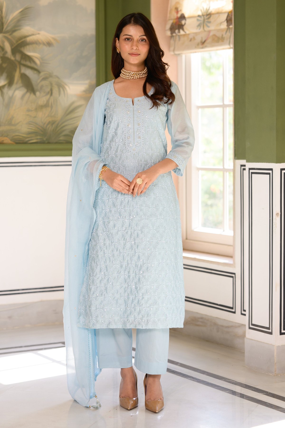 Ice Blue Thread Work Chanderi Kota Doriya Set