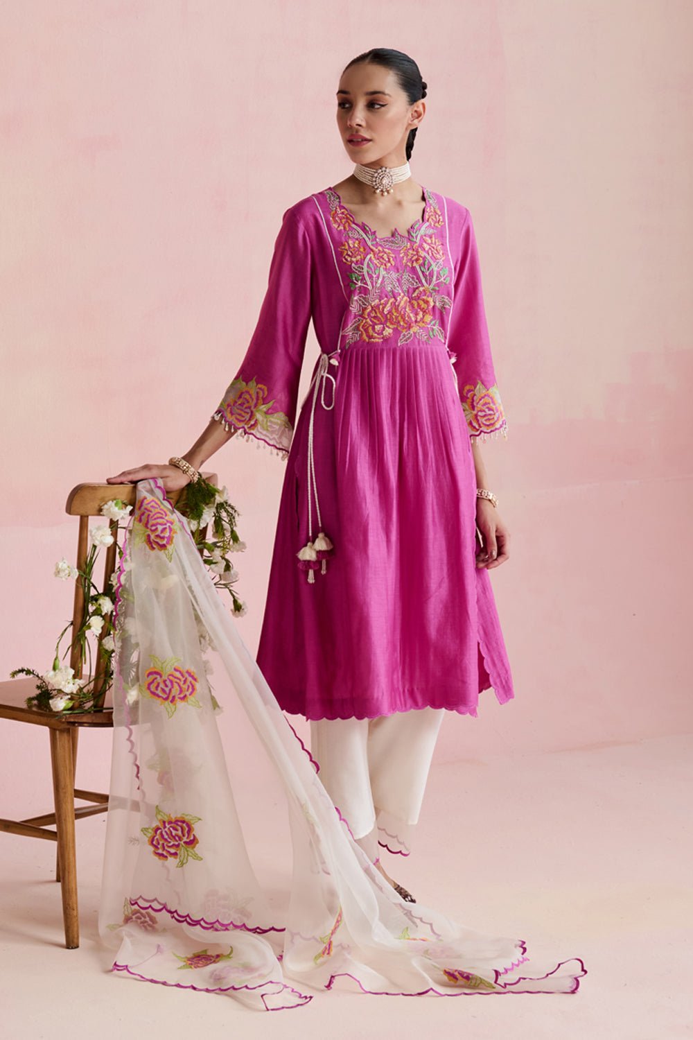 Pink Embroidered A-Line Kurta Set with Organza Dupatta