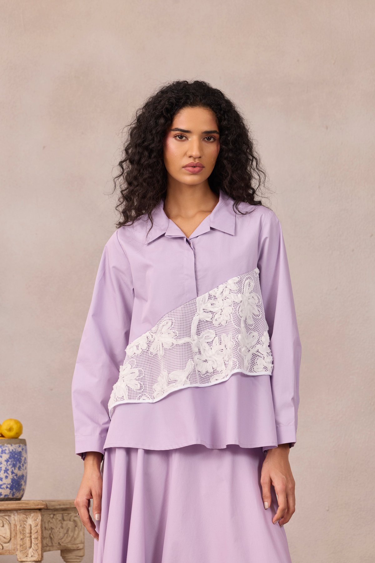Sweet Lavender Cotton Poplin Shirt with Net Applique Panel