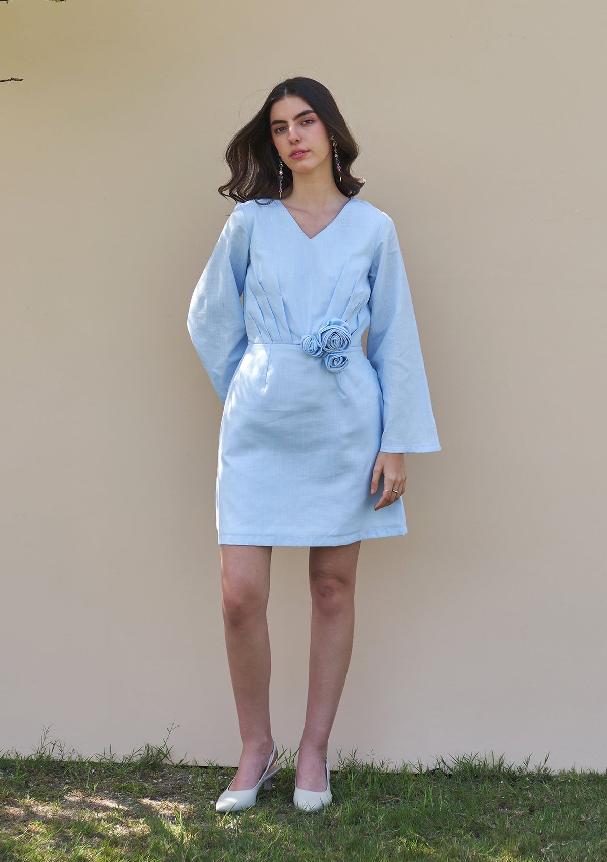 Powder Blue V-Neck Rosette Detail Mini Dress