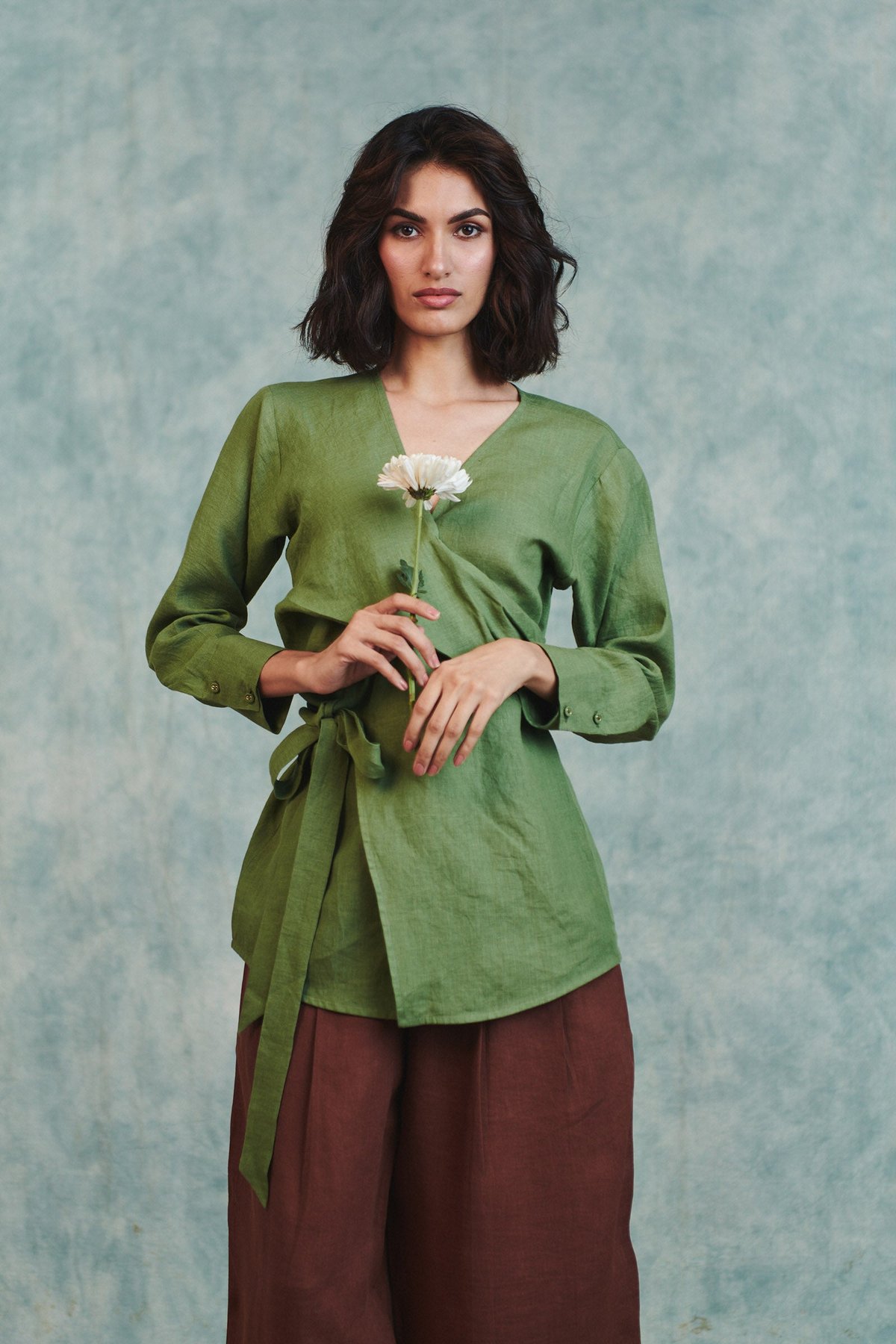 Moss Green Linen Wrap Top with Full Sleeves