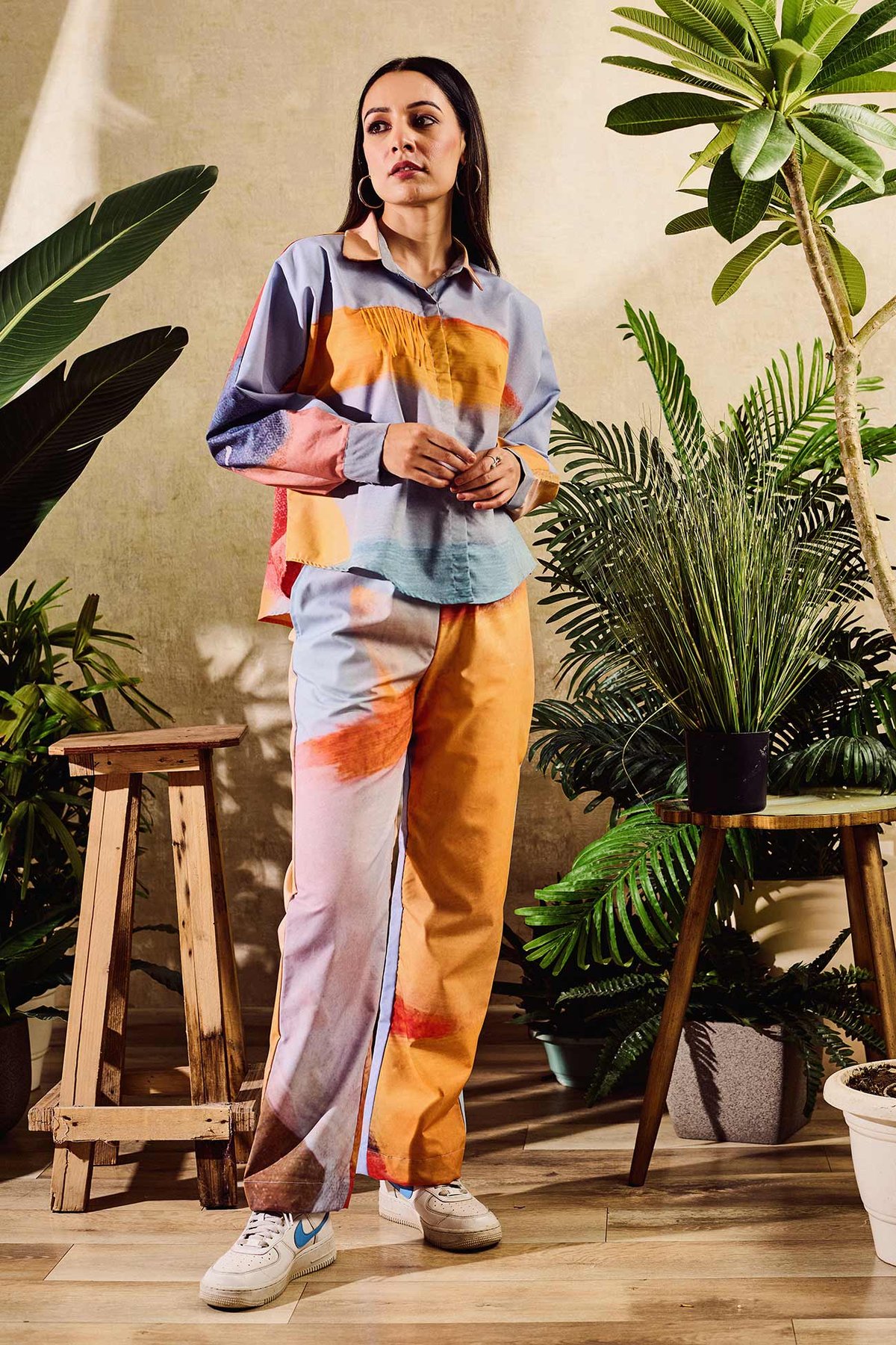 Poplin Printed Collared Cuff Sleeve Shirt With Pant
