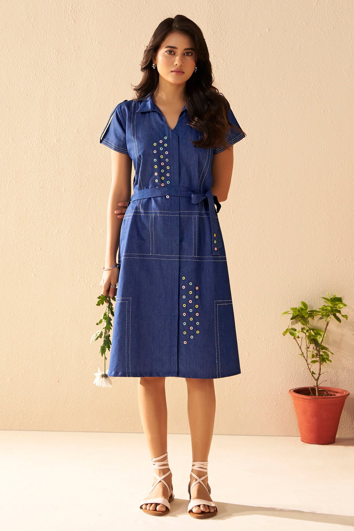 Blue Cotton Shirt Dress with Belt and Button Detail