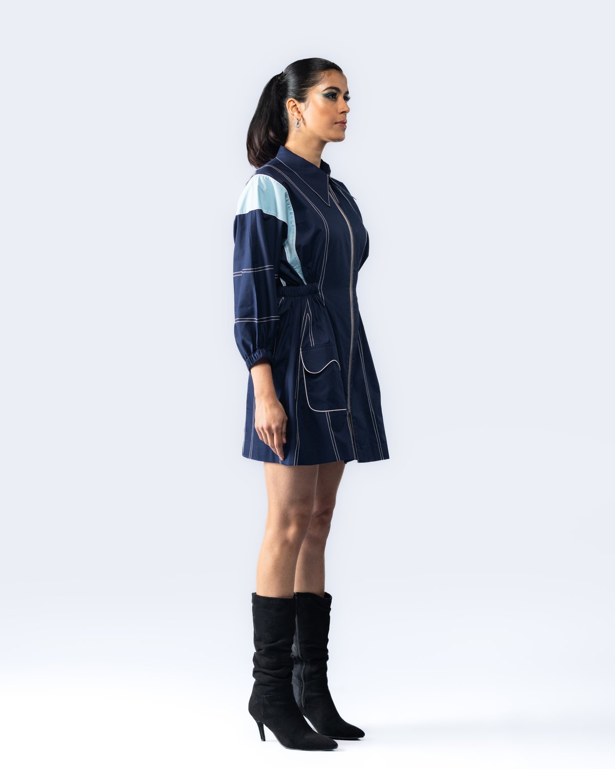 Navy Colorblocked Zip-Front Collared Mini Dress