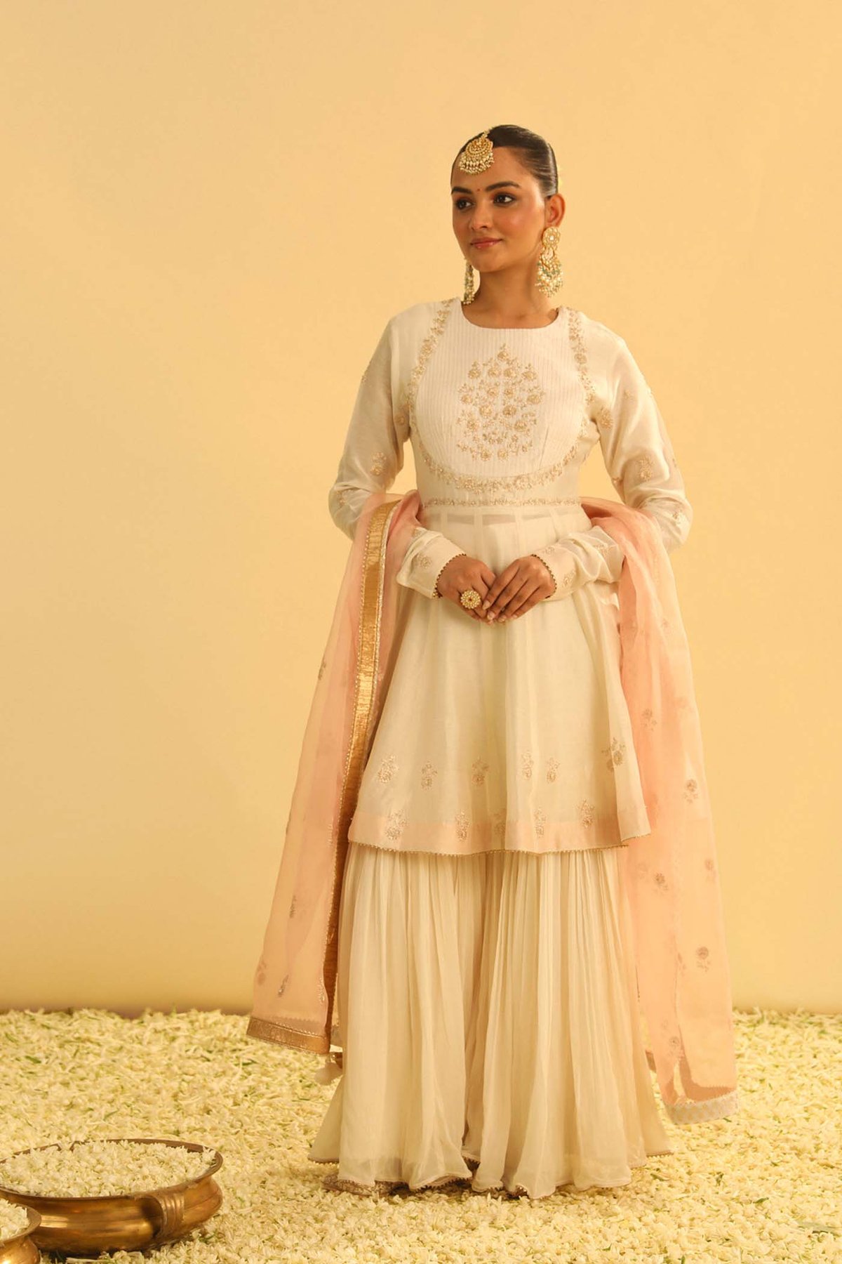Daisy Ivory Peplum Kurta with Garara and Dupatta Set