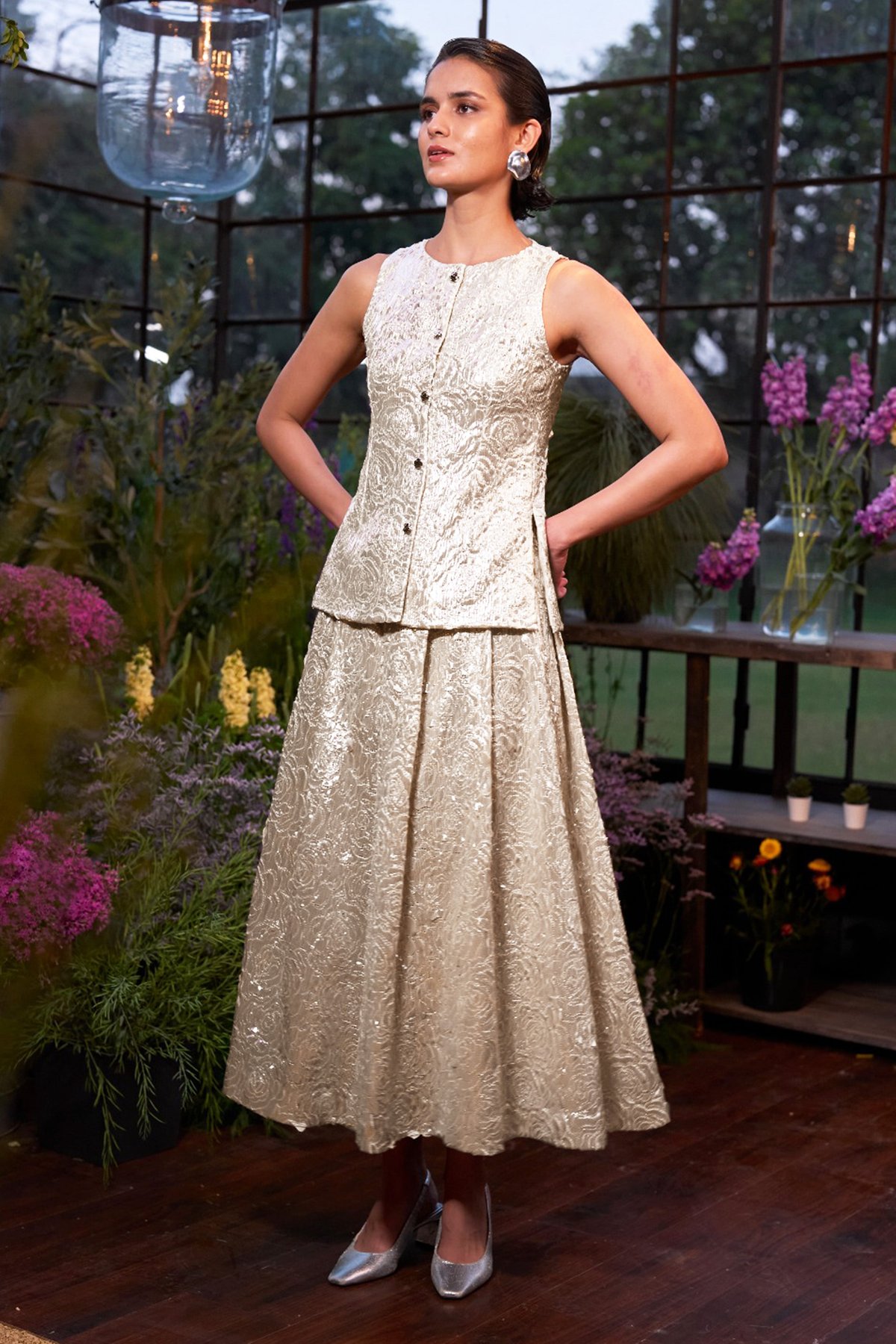 Cutwork Lame Waistcoat & A-Line Skirt