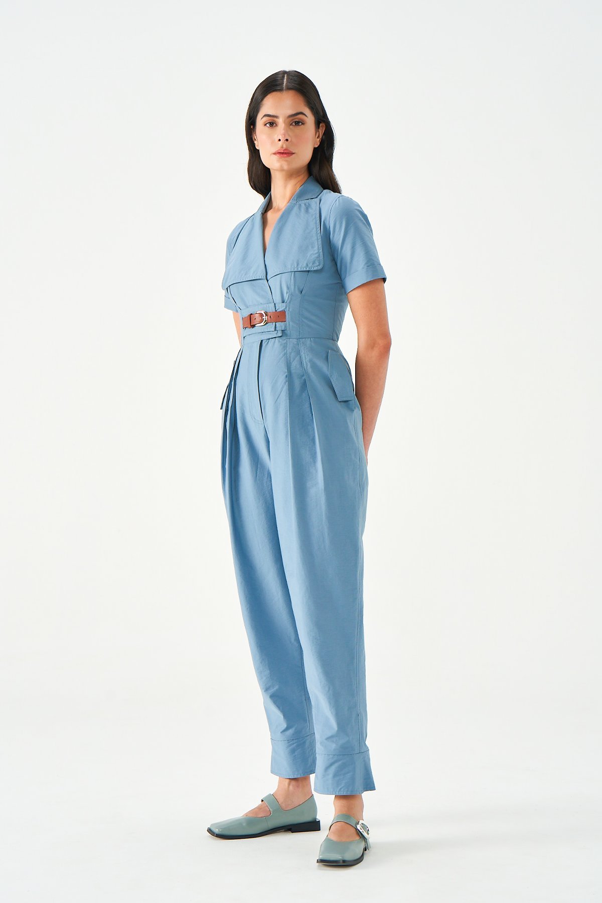 Stone Blue Cotton Belted Utility Jumpsuit