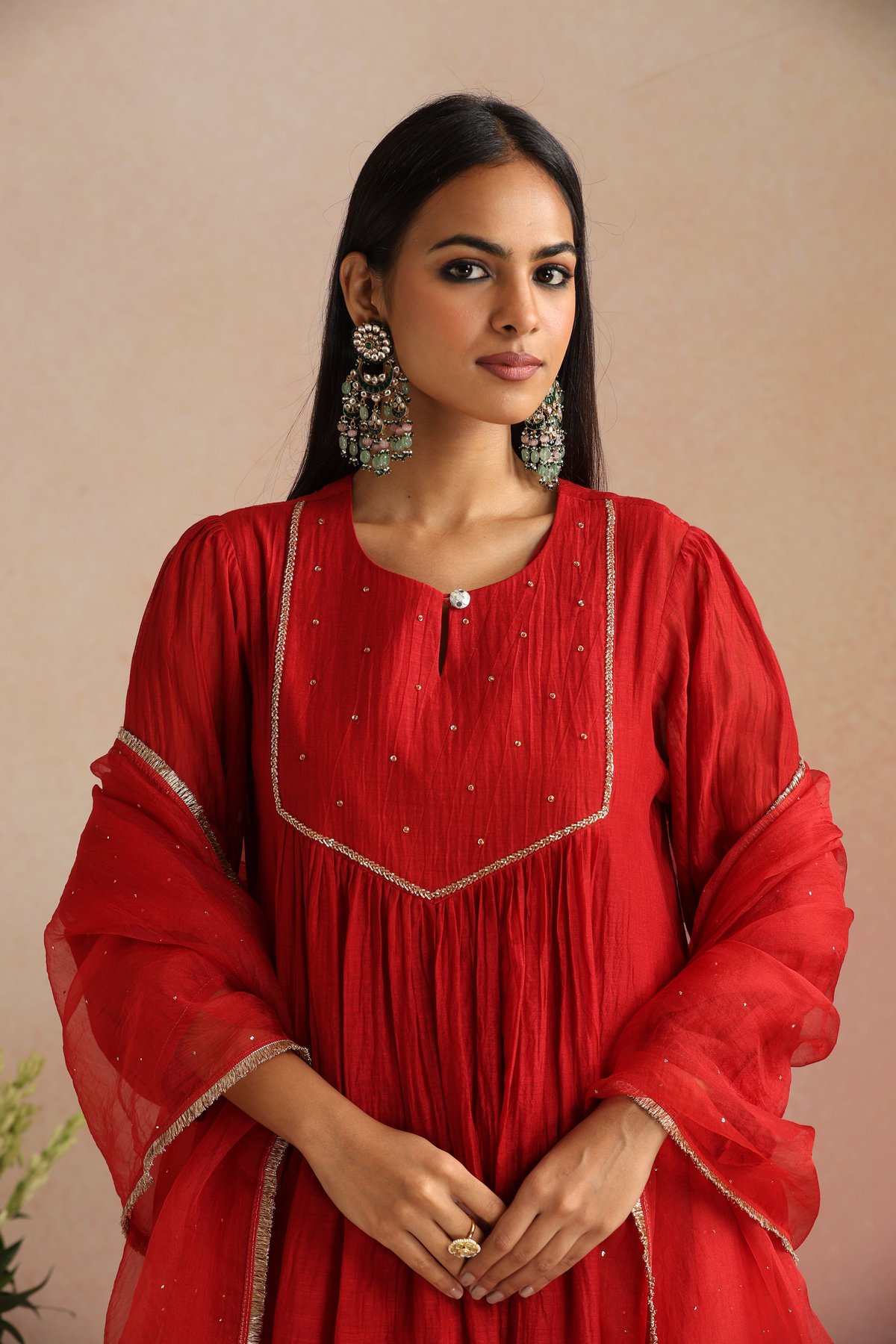 Red Silk Chanderi A-Line Kurta Set with Sequin Detail