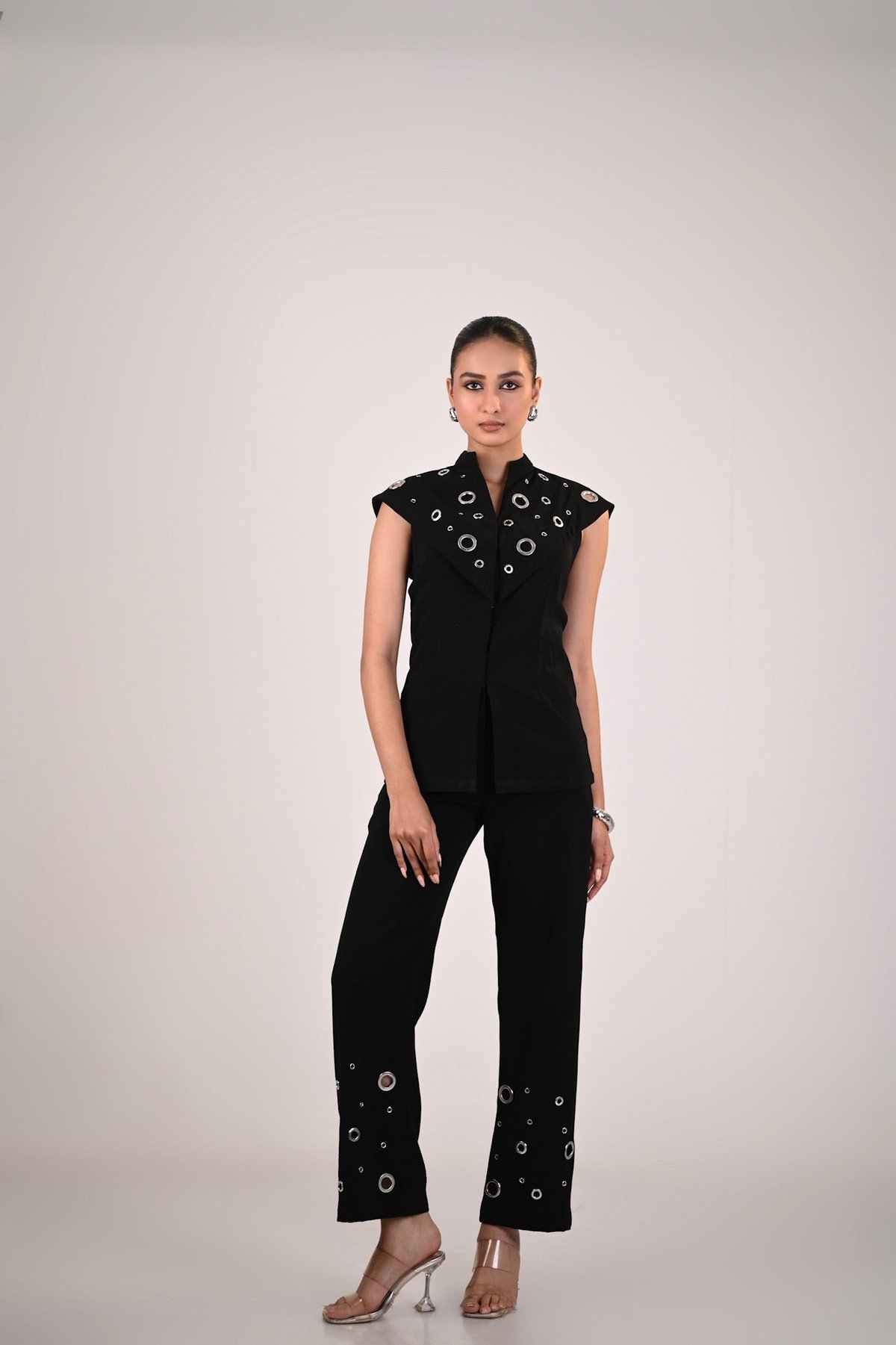Black Eyelet-Detail Sleeveless Mandarin Collar Top