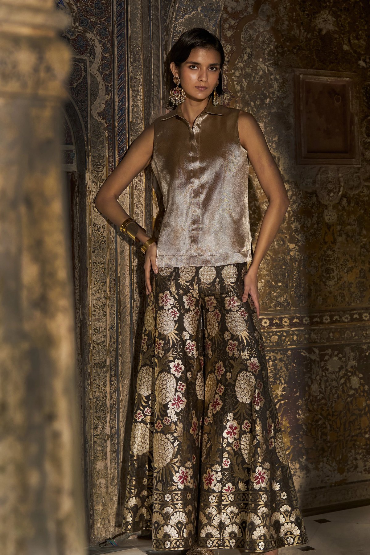 Black and Gold Brocade Shirt and Flared Pant Co-ord Set