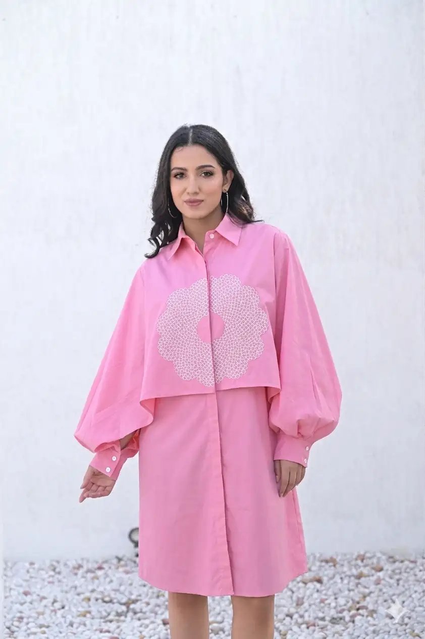 Powder Pink Printed Shirt Dress with Balloon Sleeves
