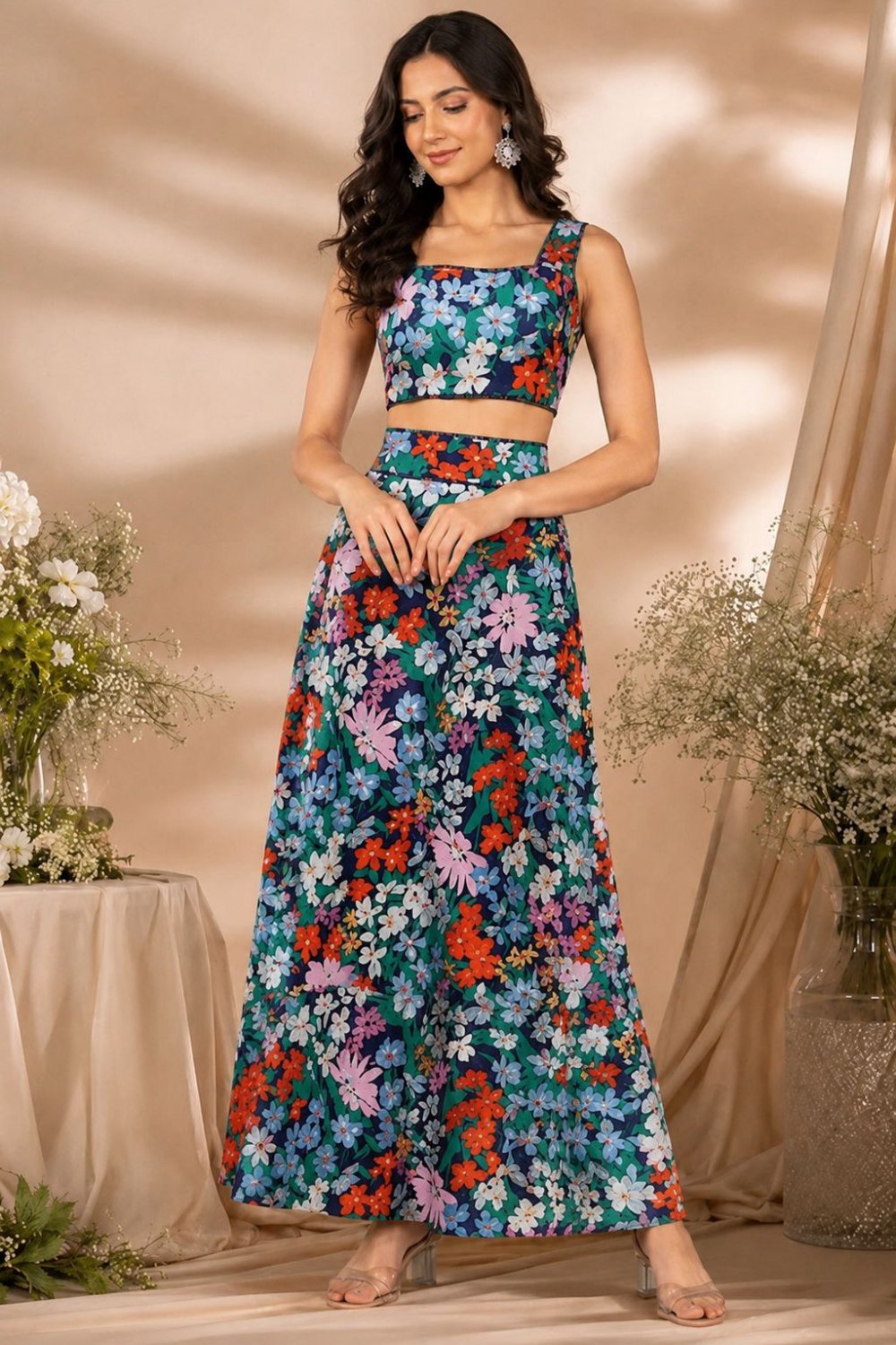 Black Multicolor Floral Crop Top and Maxi Skirt Co-ord Set