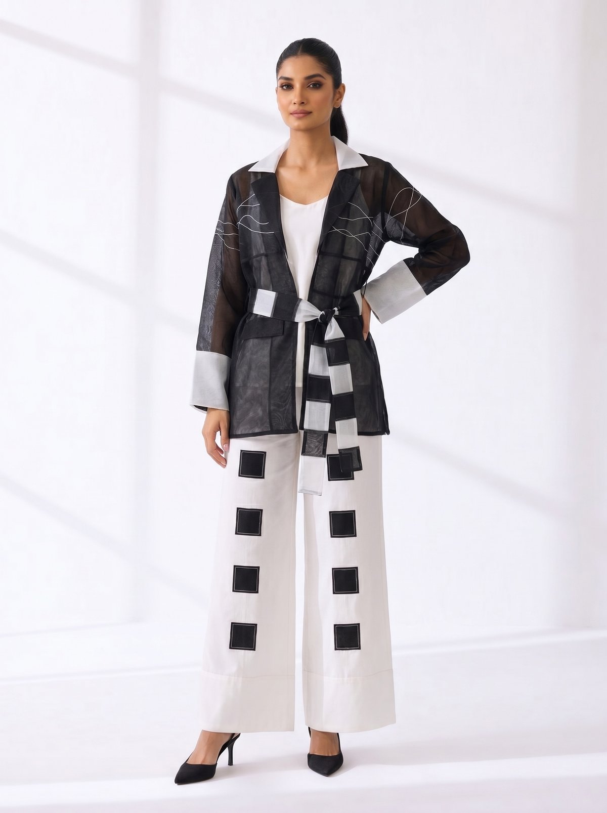 Black and White Sheer Jacket Co-ord Set With Belt