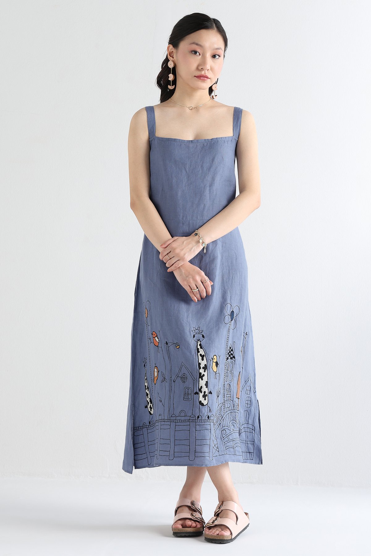 Mid Blue Linen Square-Neck A-Line Midi Dress