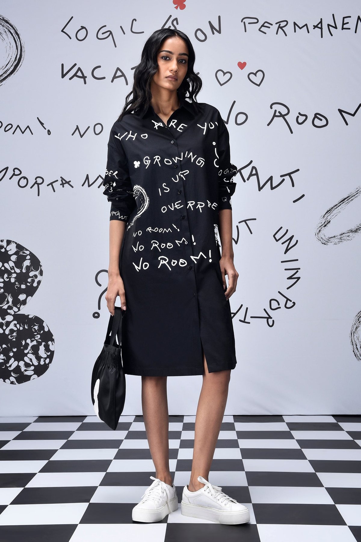 Black Scribble Text Print Relaxed Fit Shirt Dress