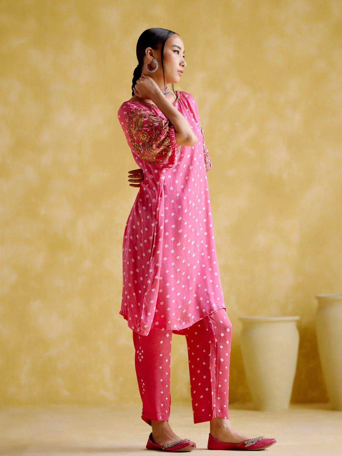 Pink Bandhani Tunic and Tapered Pants Co-ord Set
