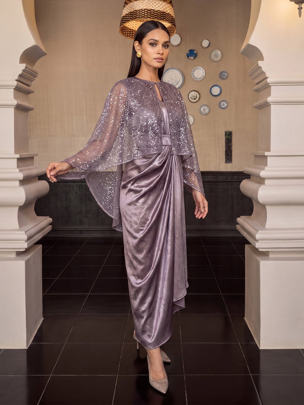 Purple Mauve Draped Crush Satin Midi Dress with Shimmer Cape
